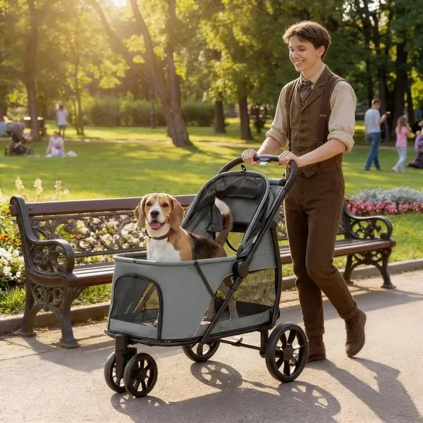 Premium Pet Stroller for Dogs & Cats – Foldable Travel Carrier with Breathable Mesh, Storage Basket & Smooth Wheels