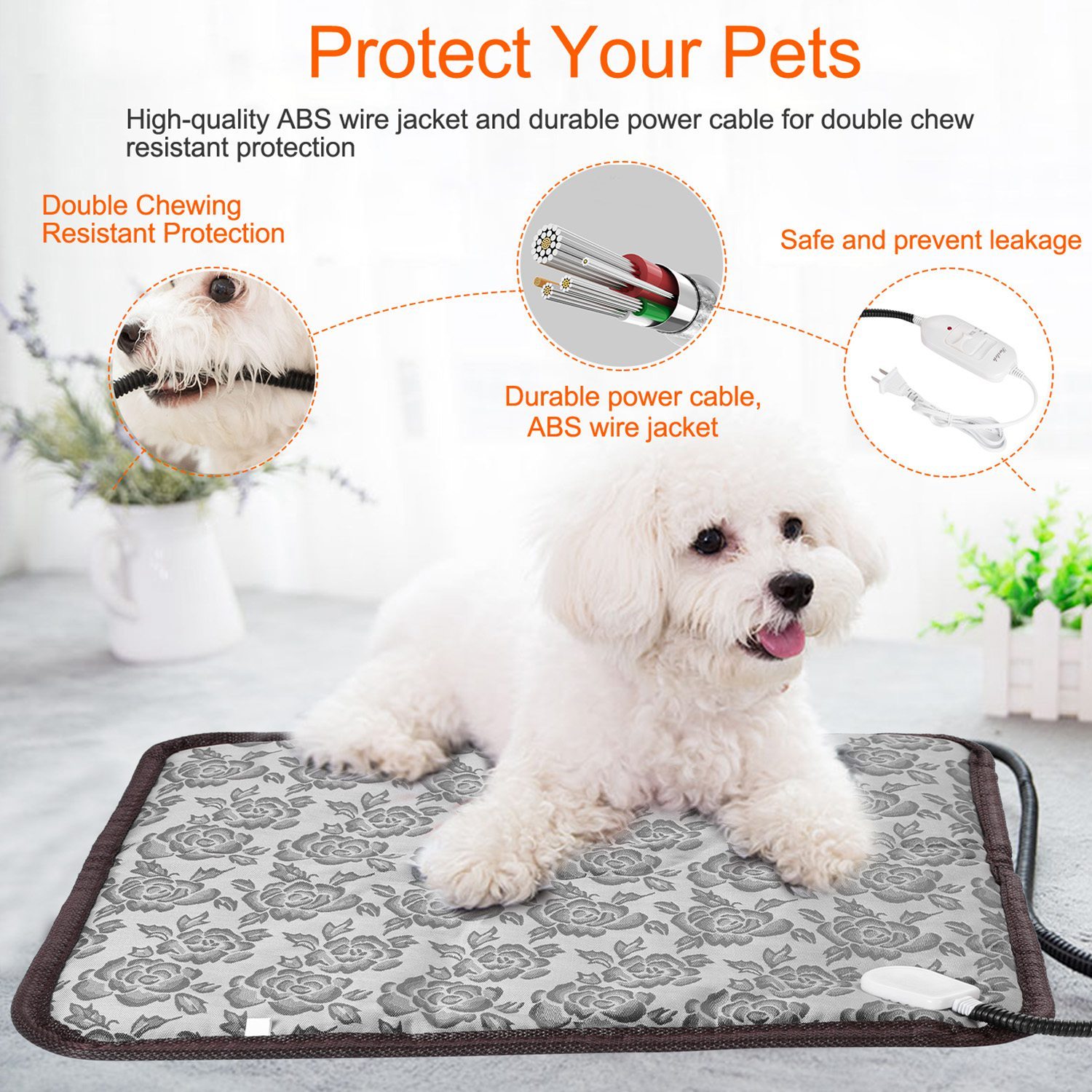 1Pc Pet Heating Pad Dog Cat Electric Heating Mat Waterproof Adjustable Warming Blanket With Chew Resistant Steel Cord Case - Image 2