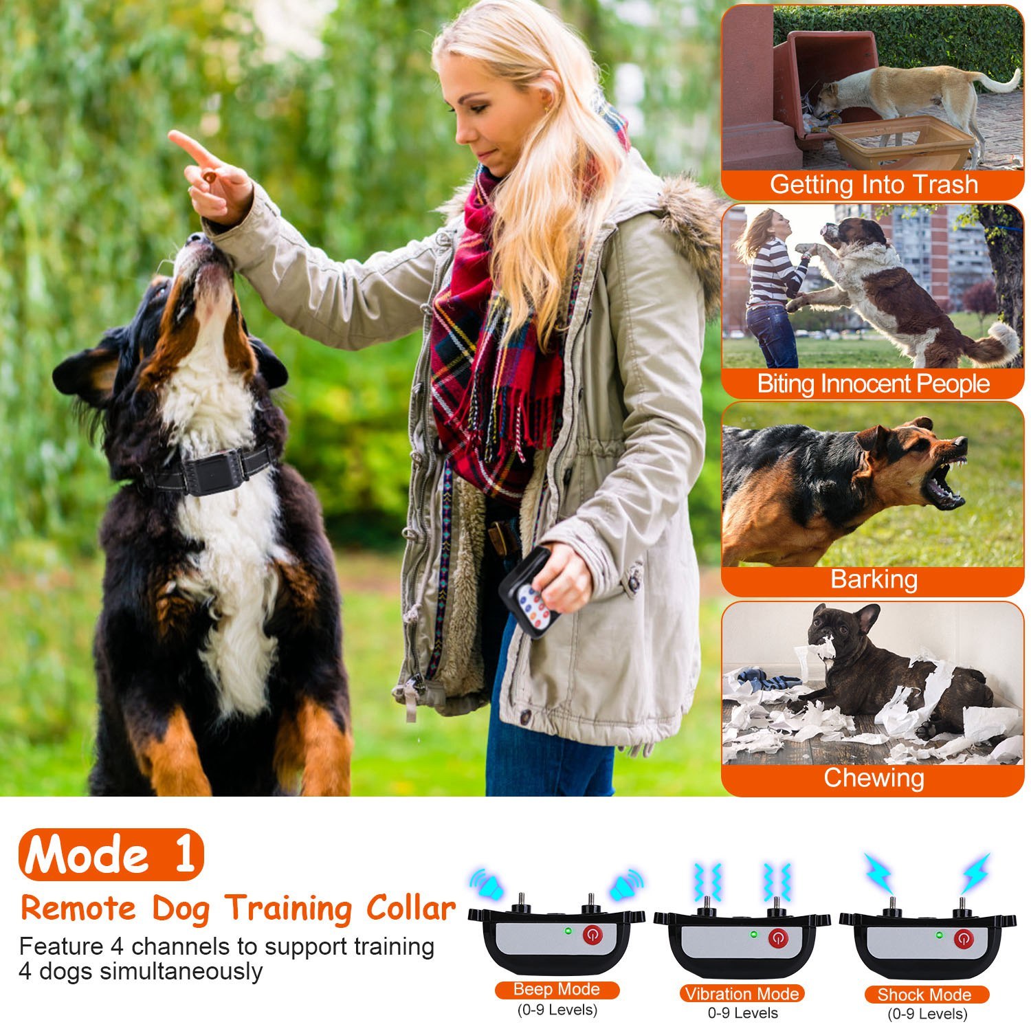 1Set 990FT Range Dog Wireless Fence Remote Training Collar IPX6 Waterproof Receiver With 0-9 Levels Beep Vibration Shock Mode 4 Channels Rechargeable Transmitter System - Image 3