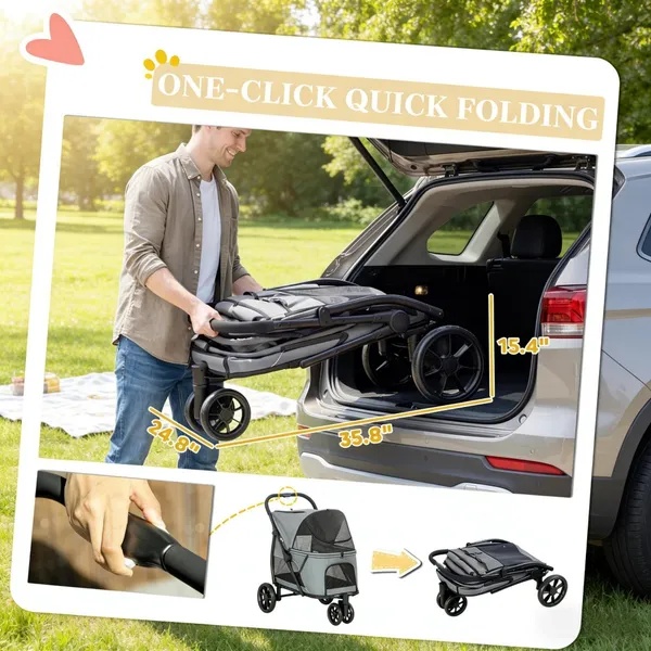 Premium Pet Stroller for Dogs & Cats – Foldable Travel Carrier with Breathable Mesh, Storage Basket & Smooth Wheels - Image 5