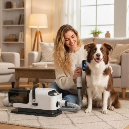 5 in 1 Dog Grooming Vacuum & Dryer w/ Clipper, 50dB Low Noise, Adjustable Speed & Temp, 1.8L Canister