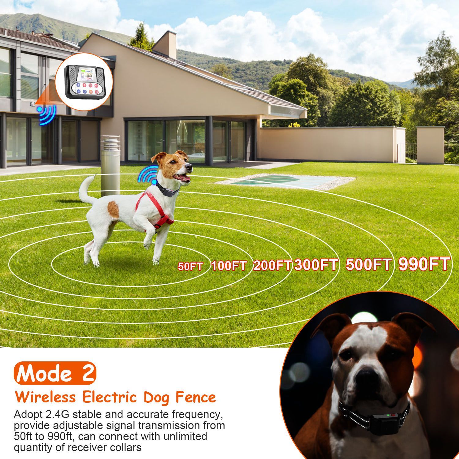 1Set 990FT Range Dog Wireless Fence Remote Training Collar IPX6 Waterproof Receiver With 0-9 Levels Beep Vibration Shock Mode 4 Channels Rechargeable Transmitter System - Image 4