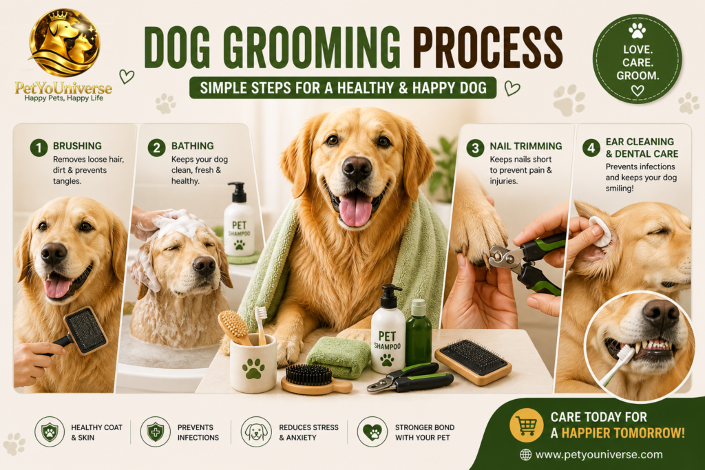 dog grooming process steps brushing bathing nail trimming ear cleaning guide