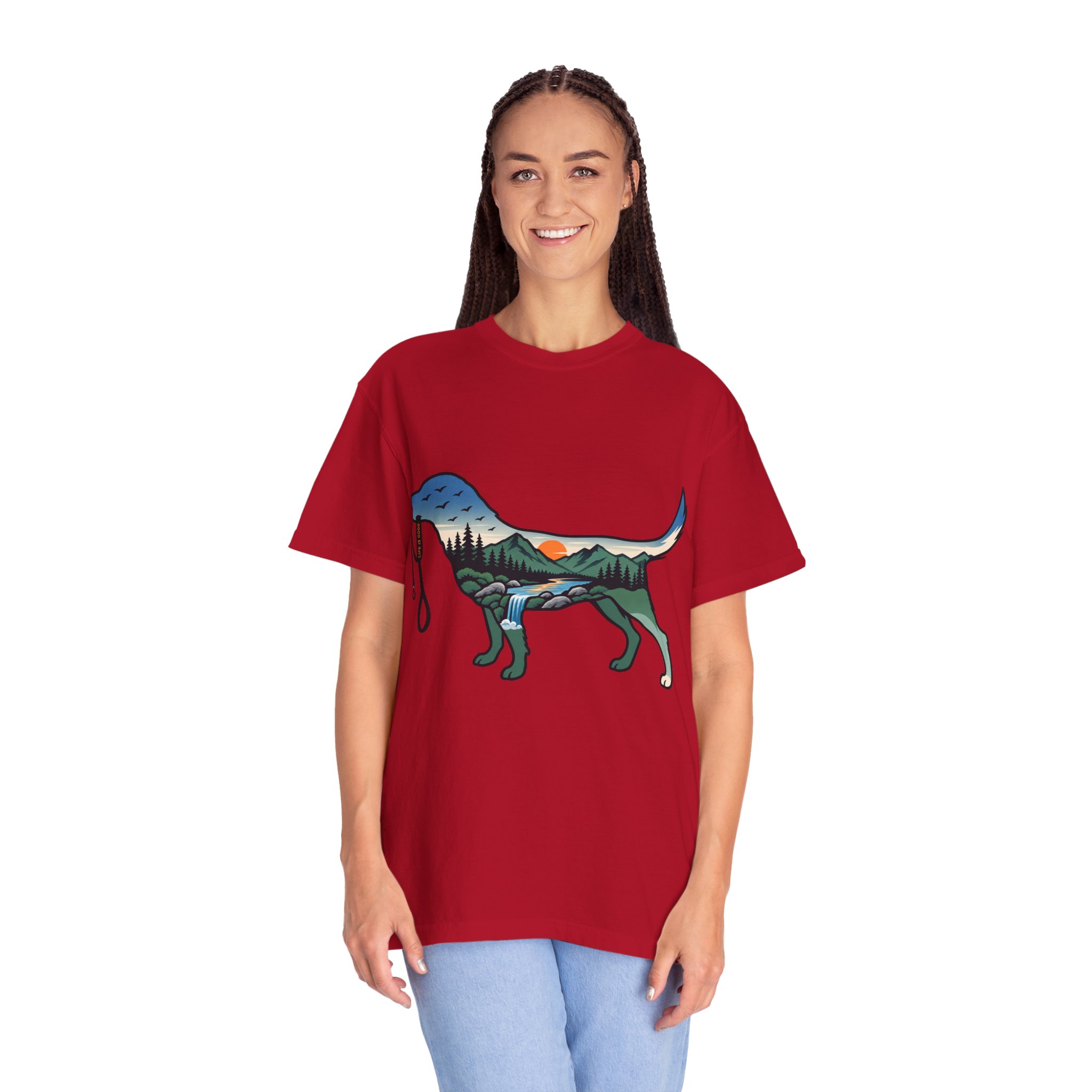Dog Silhouette Nature Tee — Scenic Hike Retriever T-Shirt - Image 74