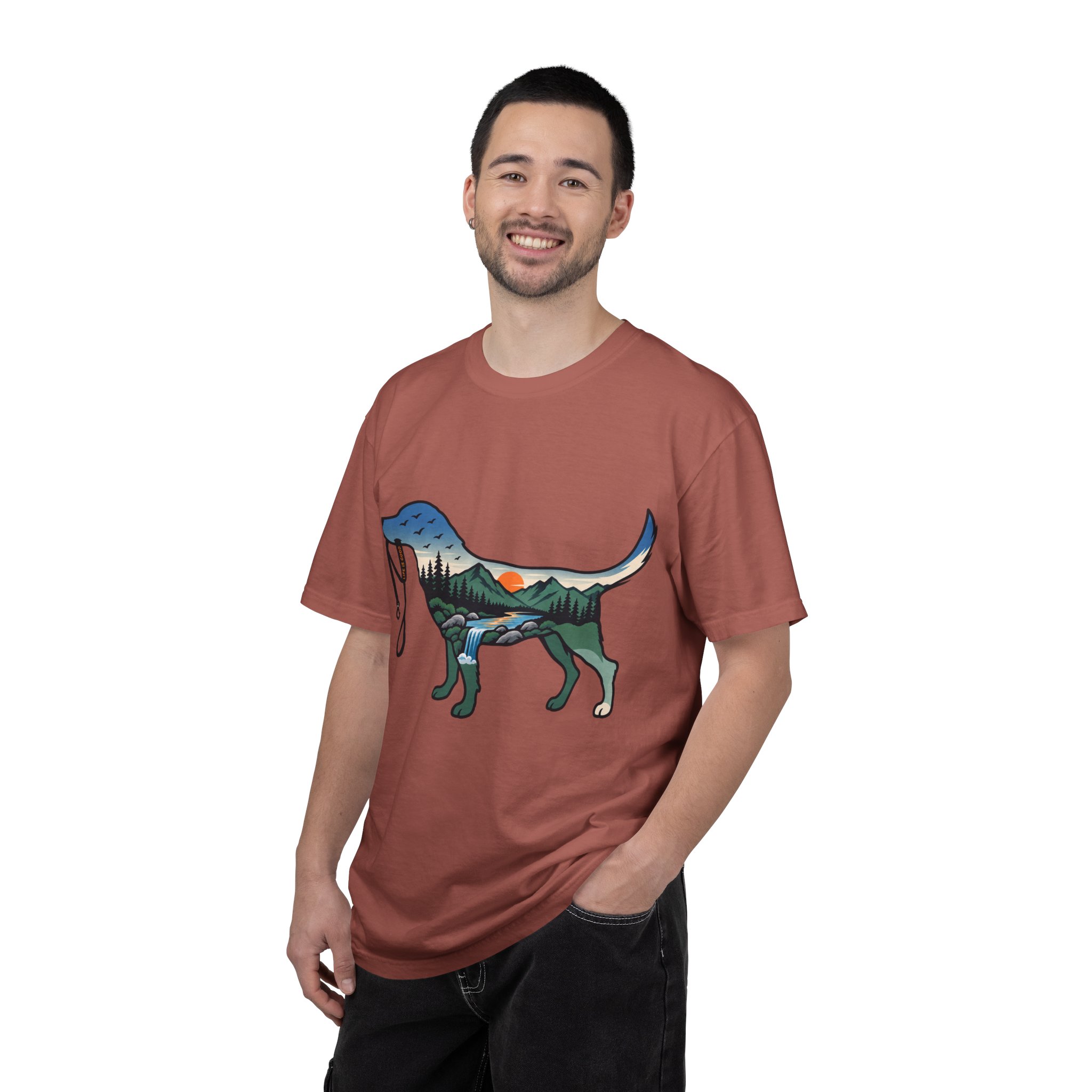 Dog Silhouette Nature Tee — Scenic Hike Retriever T-Shirt - Image 68