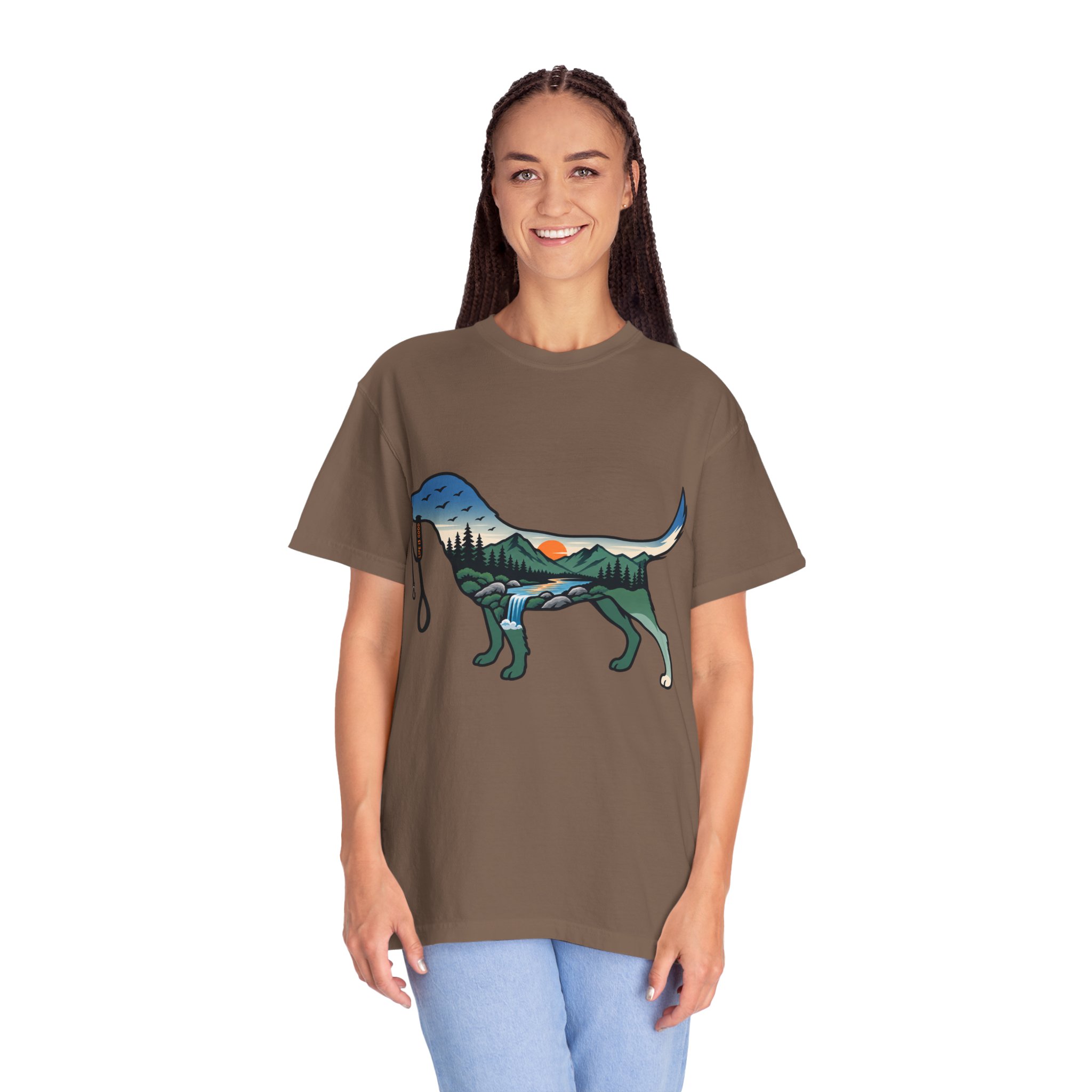 Dog Silhouette Nature Tee — Scenic Hike Retriever T-Shirt - Image 19