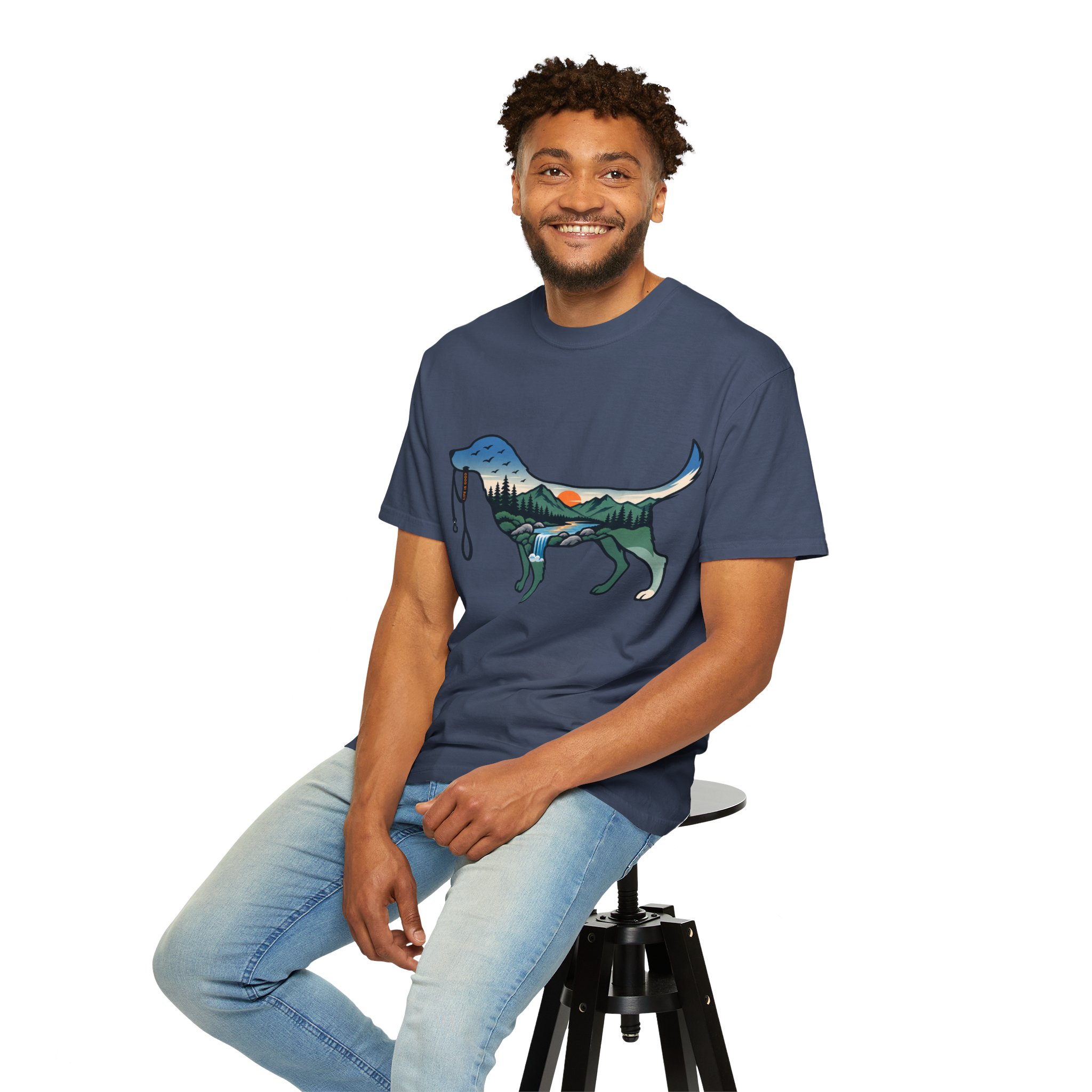 Dog Silhouette Nature Tee — Scenic Hike Retriever T-Shirt - Image 45
