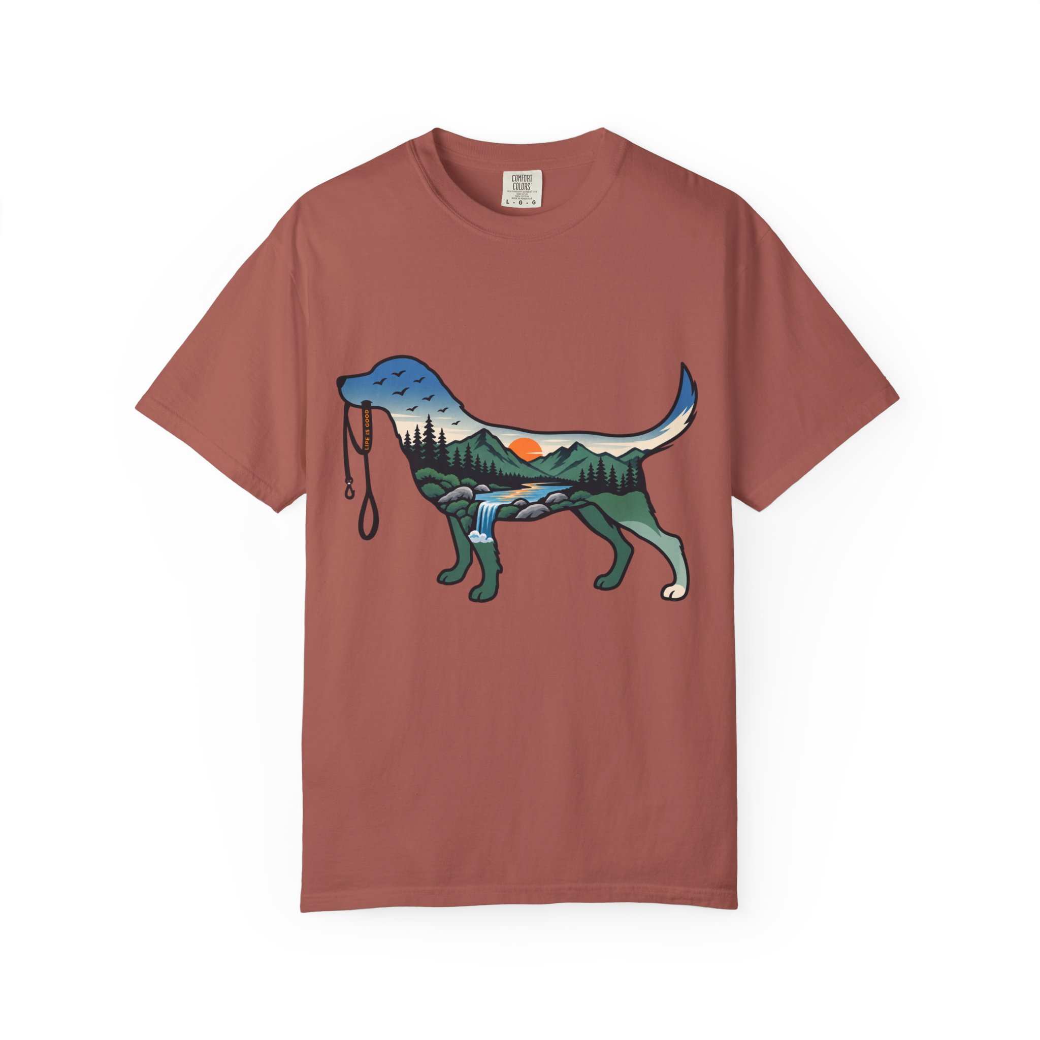 Dog Silhouette Nature Tee — Scenic Hike Retriever T-Shirt - Image 66