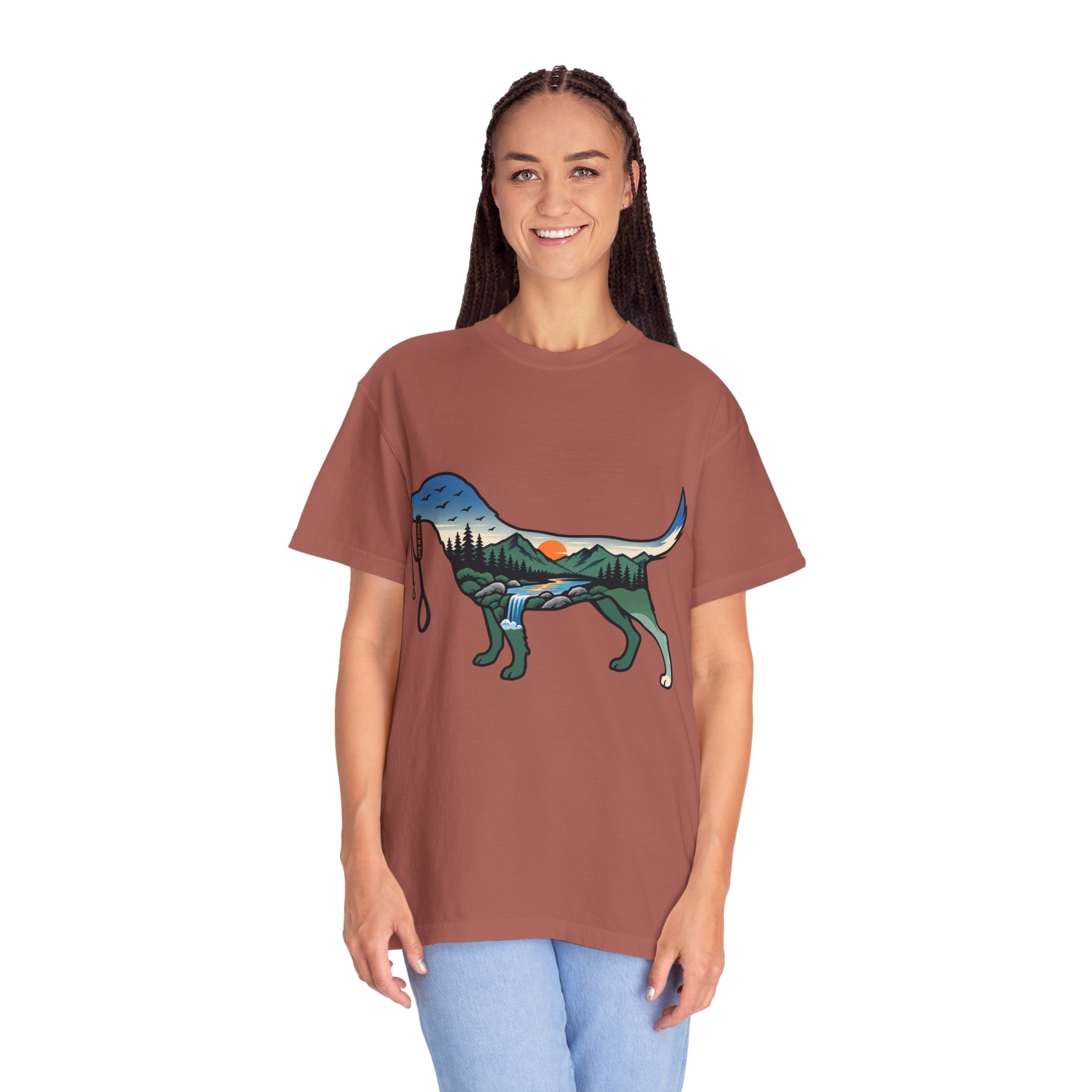 Dog Silhouette Nature Tee — Scenic Hike Retriever T-Shirt - Image 69