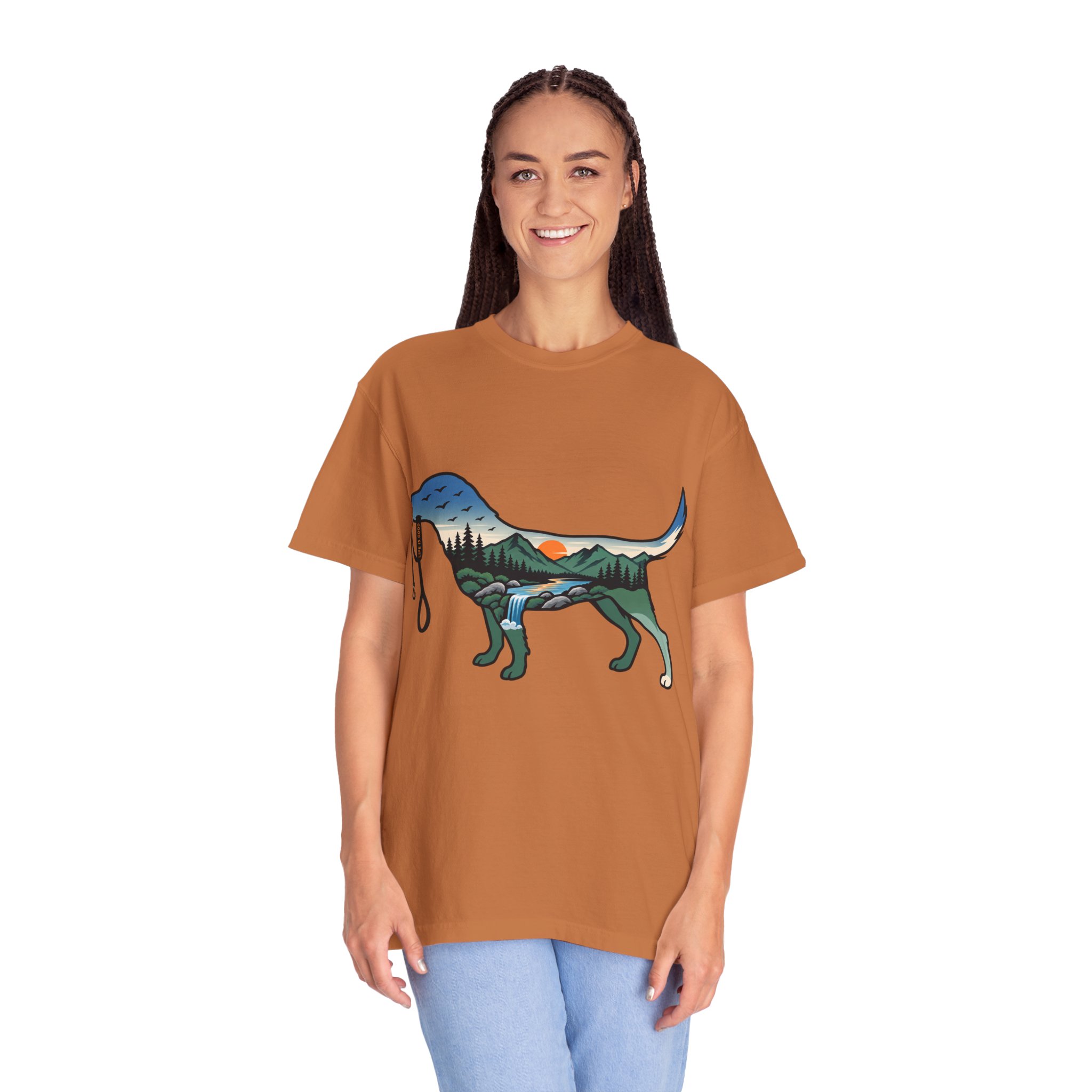 Dog Silhouette Nature Tee — Scenic Hike Retriever T-Shirt - Image 14
