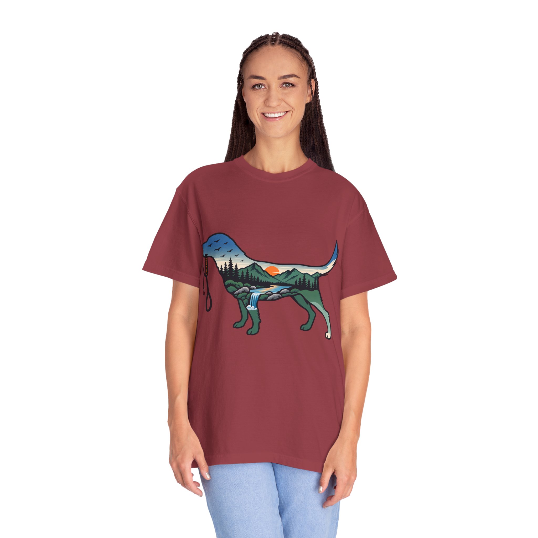 Dog Silhouette Nature Tee — Scenic Hike Retriever T-Shirt - Image 64