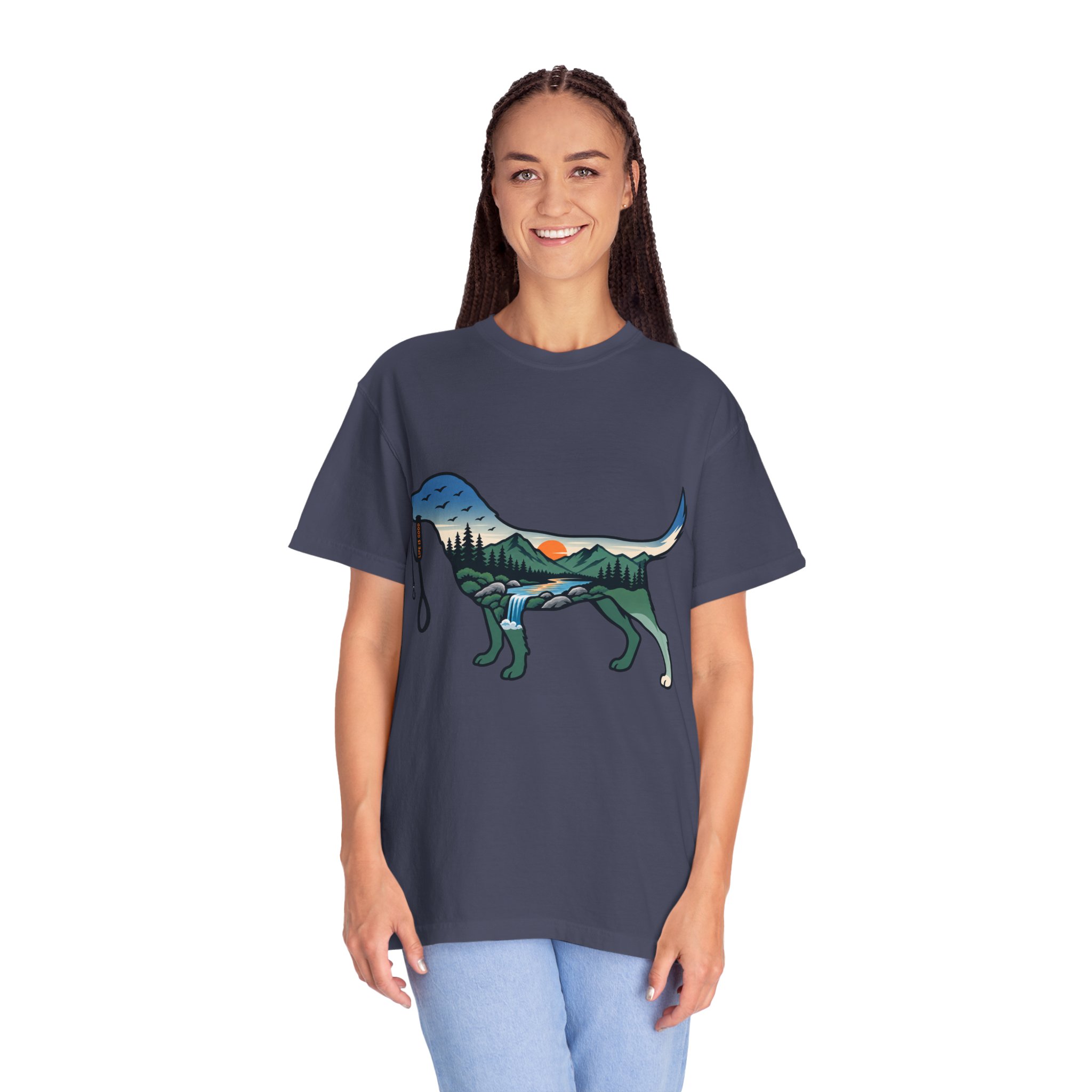 Dog Silhouette Nature Tee — Scenic Hike Retriever T-Shirt - Image 49