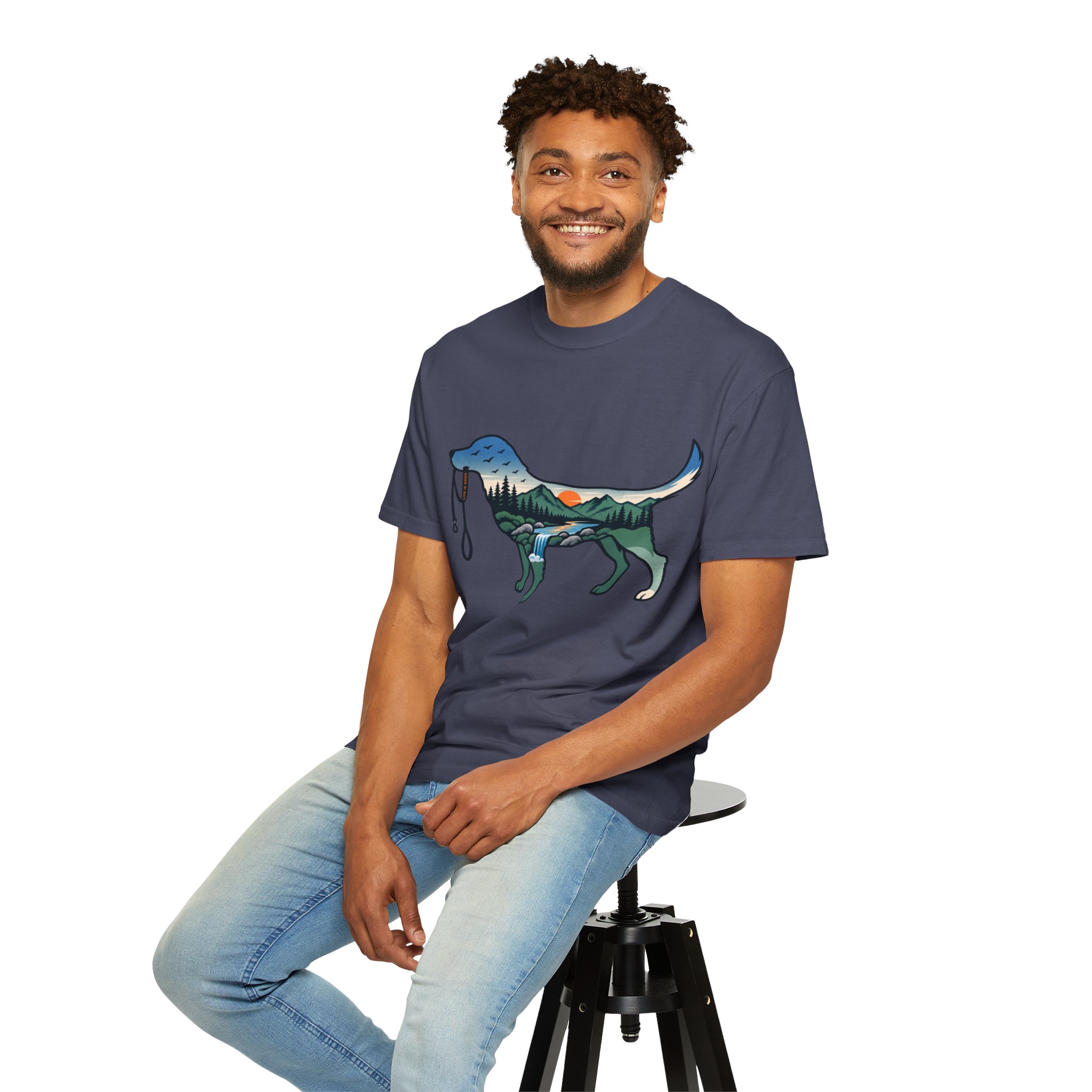 Dog Silhouette Nature Tee — Scenic Hike Retriever T-Shirt - Image 50