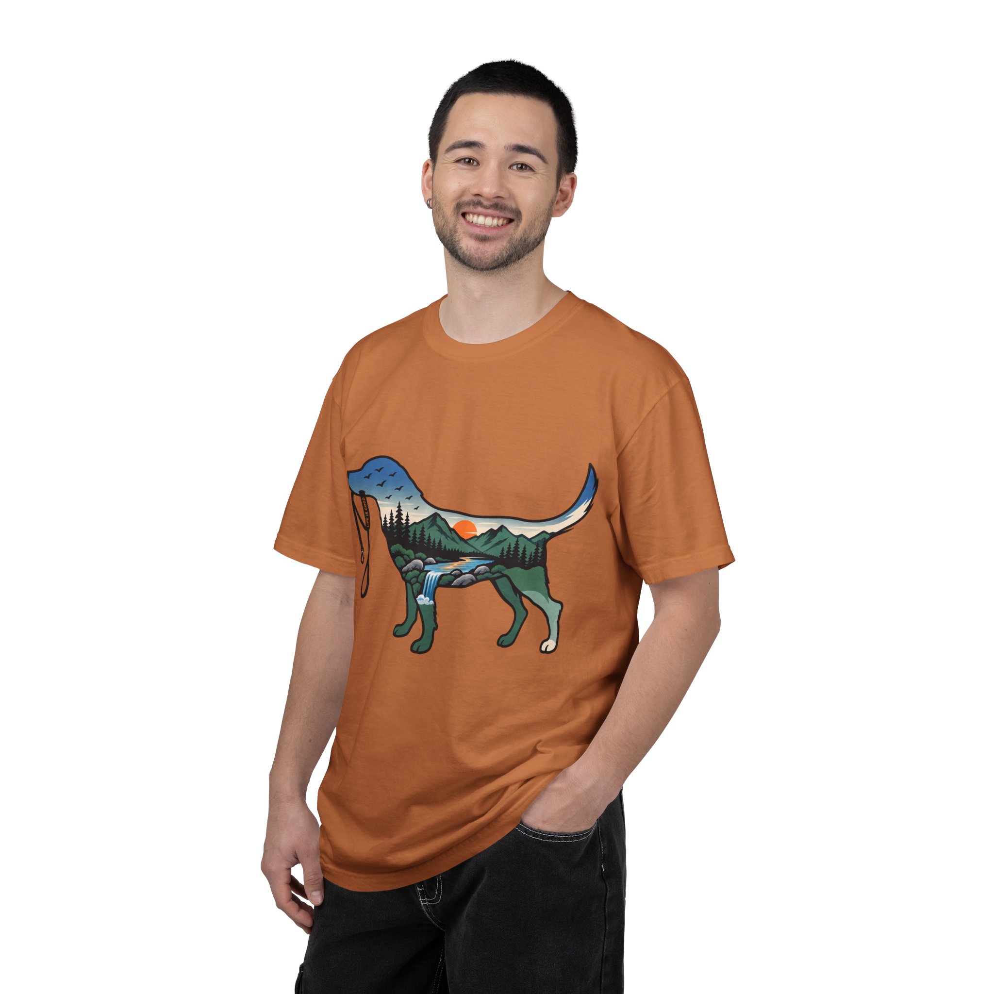 Dog Silhouette Nature Tee — Scenic Hike Retriever T-Shirt - Image 13