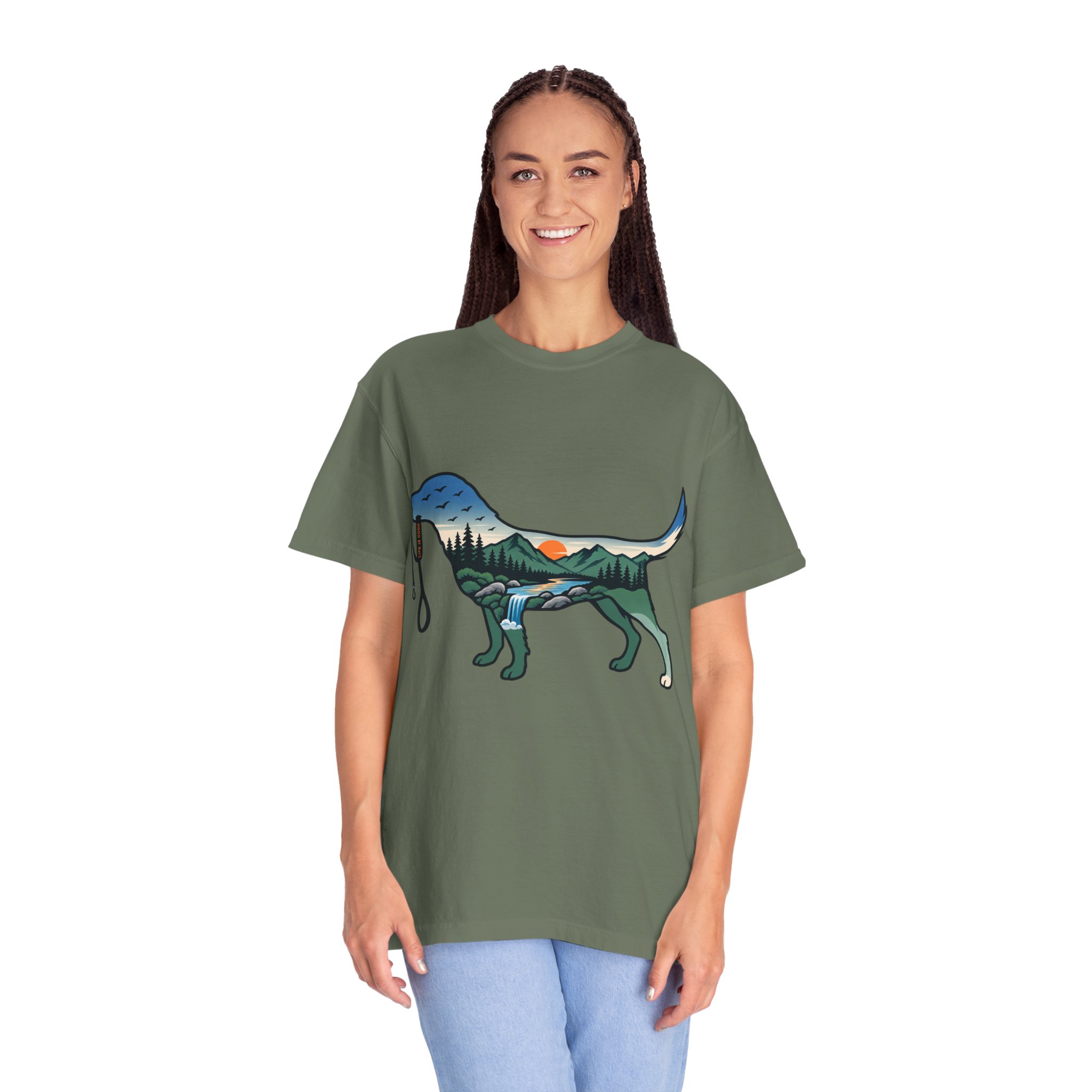 Dog Silhouette Nature Tee — Scenic Hike Retriever T-Shirt - Image 24