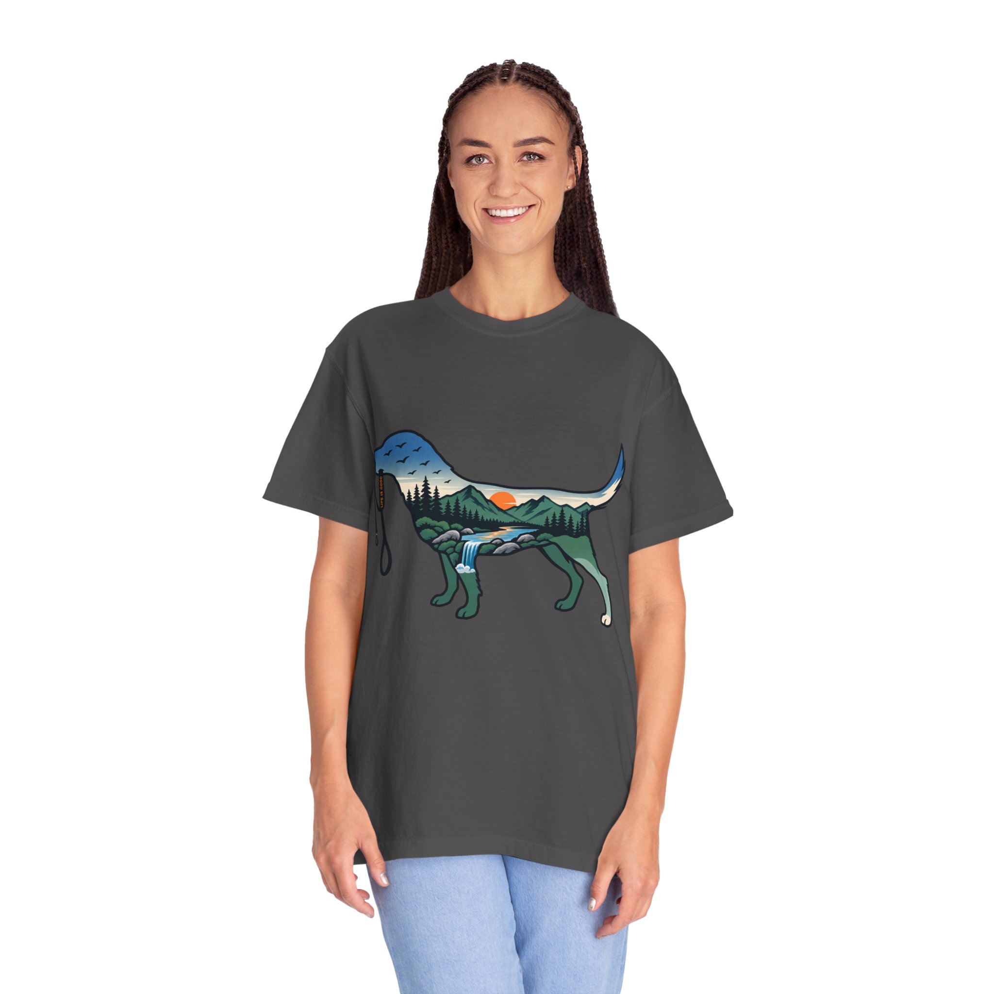 Dog Silhouette Nature Tee — Scenic Hike Retriever T-Shirt - Image 59