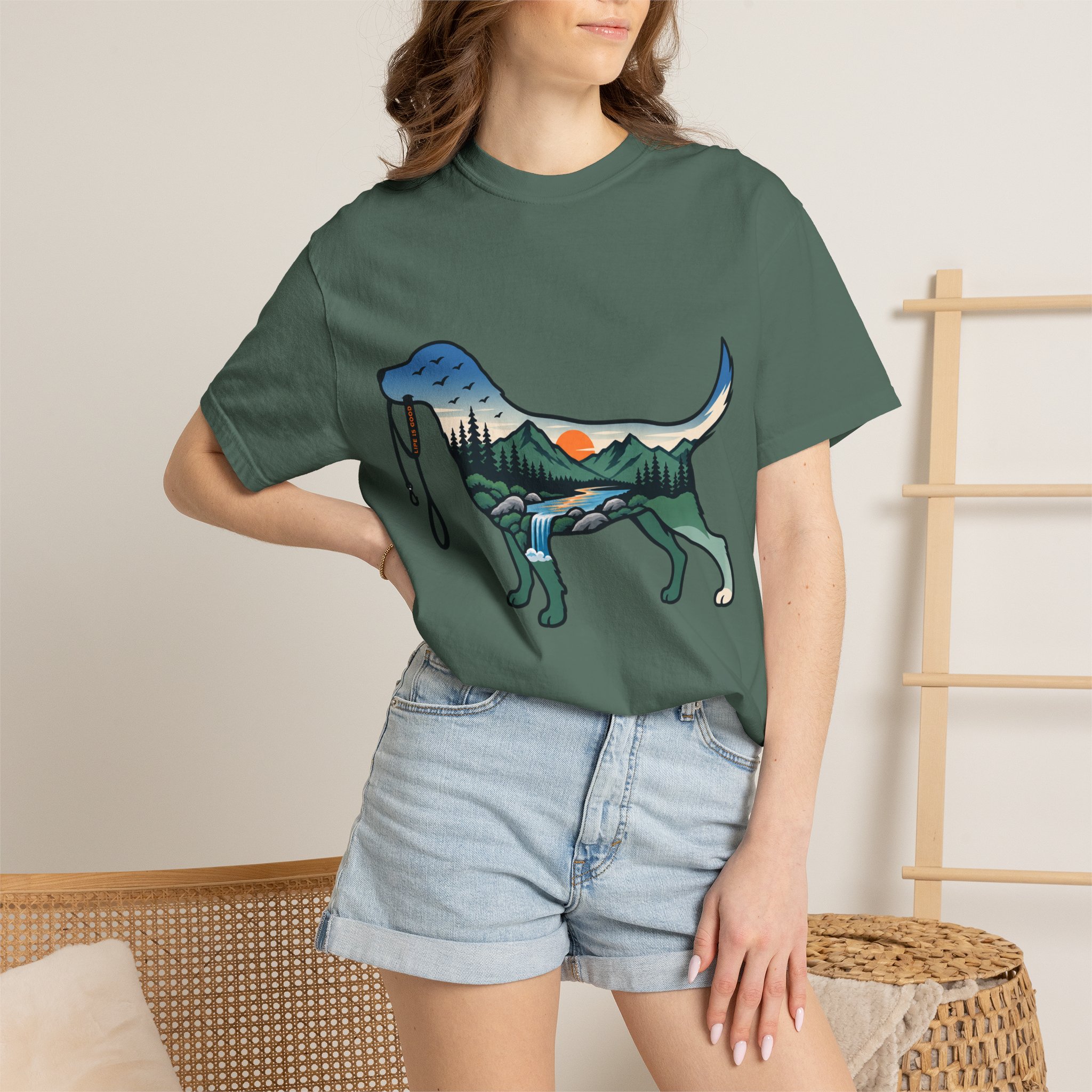 Dog Silhouette Nature Tee — Scenic Hike Retriever T-Shirt - Image 32