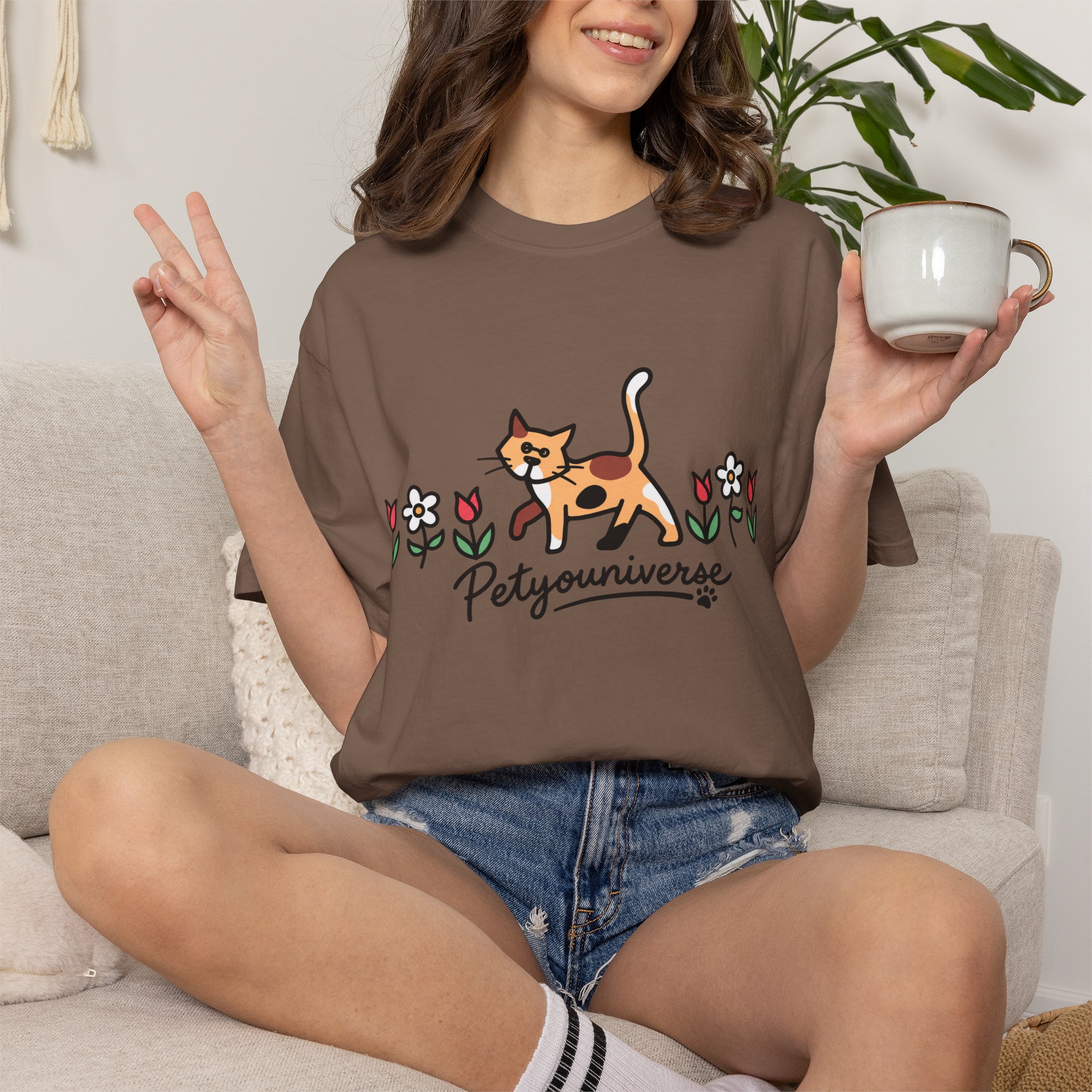 Cat & Flowers T-Shirt — 'Petsyouniverse' Cute Calico Tee - Image 39