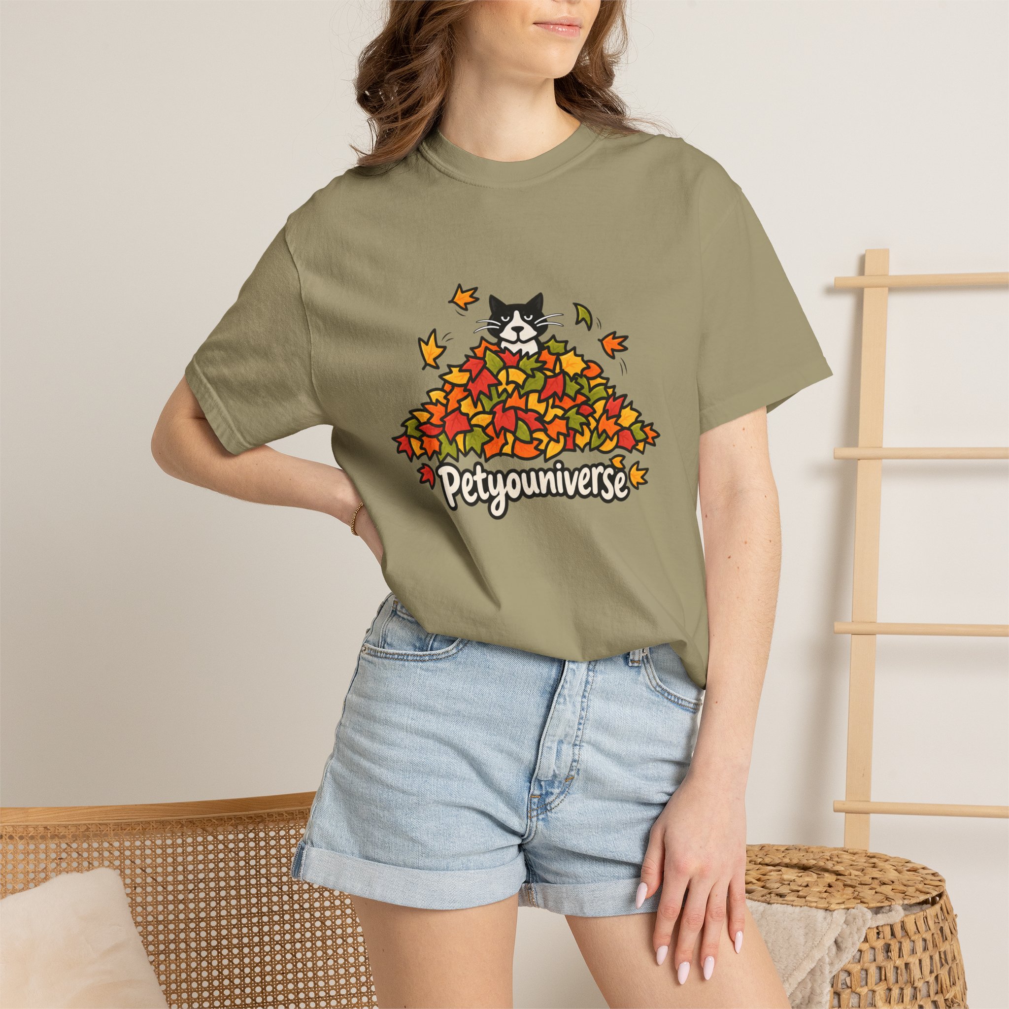 Cat in Leaf Pile T-Shirt — "Petyouniverse" Fall Cat Tee - Image 29