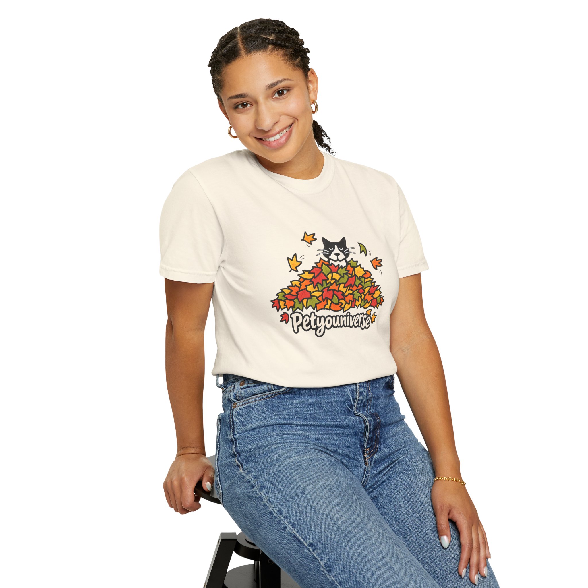 Cat in Leaf Pile T-Shirt — "Petyouniverse" Fall Cat Tee - Image 6