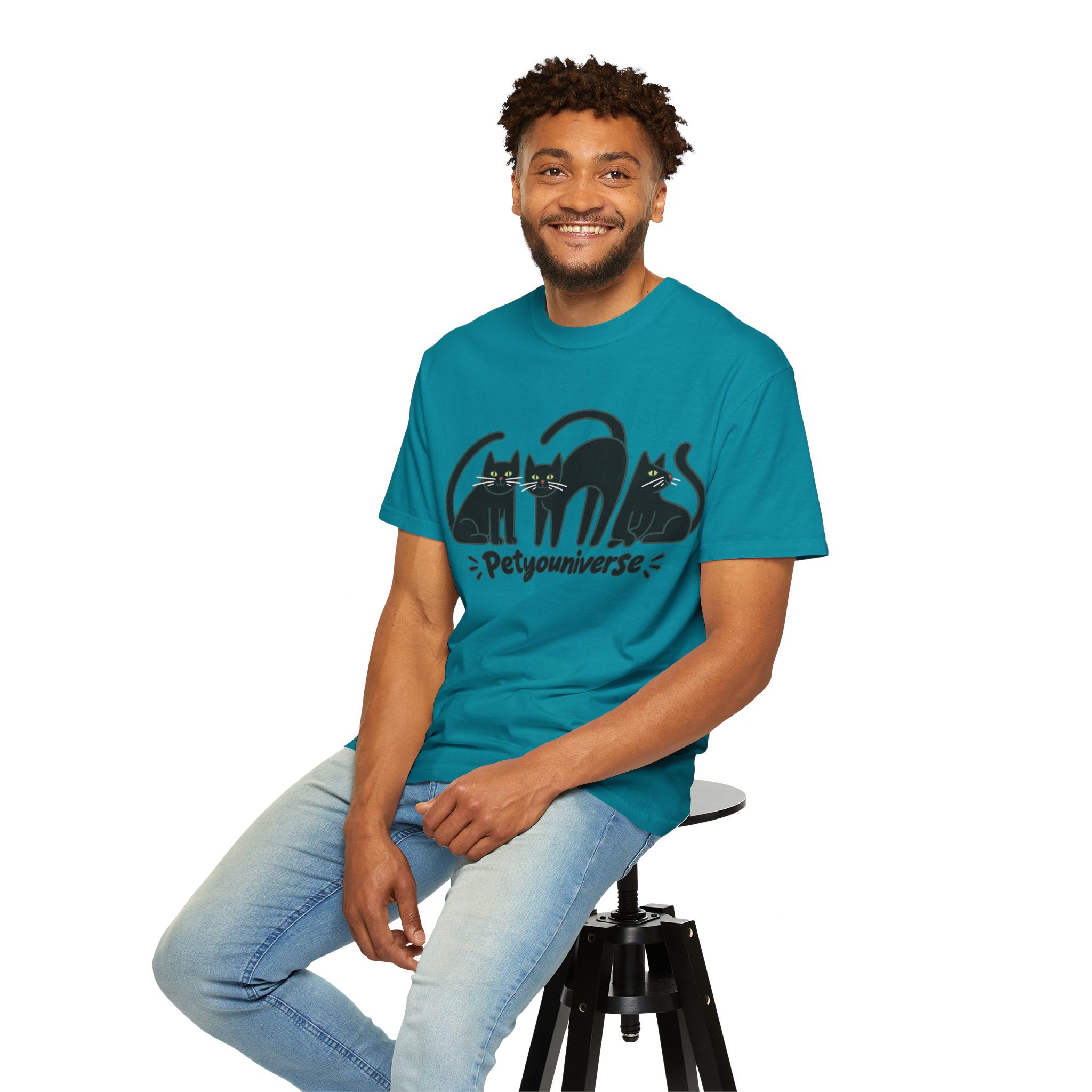 Cat T-Shirt — "Petyouniverse" Black Cat Trio Graphic Tee - Image 107