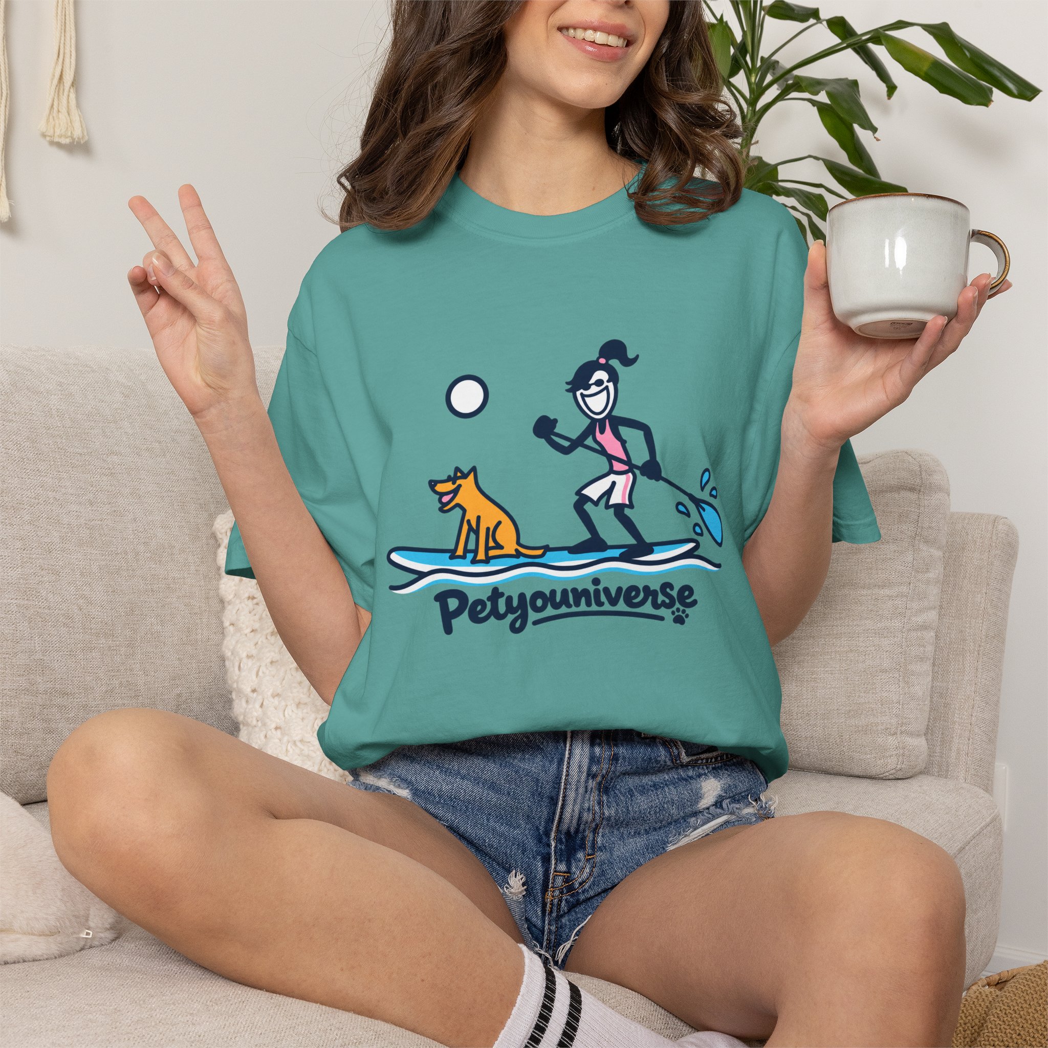 Paddleboarding Pup Graphic T-Shirt — "Petyouniverse" Dog & Owner Paddleboard Tee - Image 67