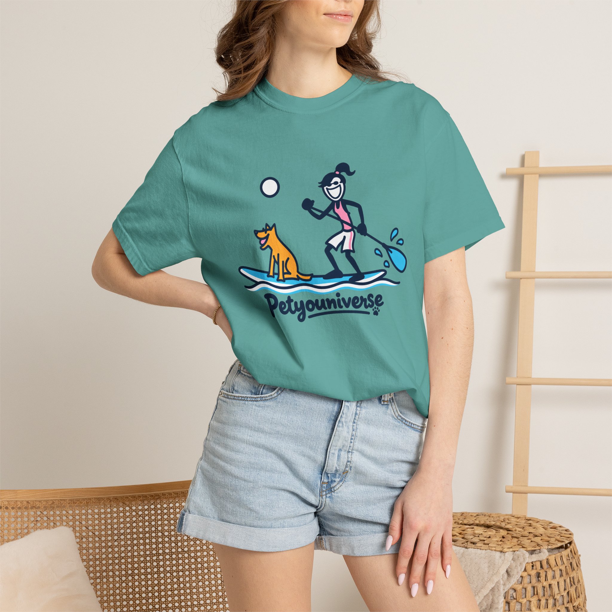 Paddleboarding Pup Graphic T-Shirt — "Petyouniverse" Dog & Owner Paddleboard Tee - Image 66