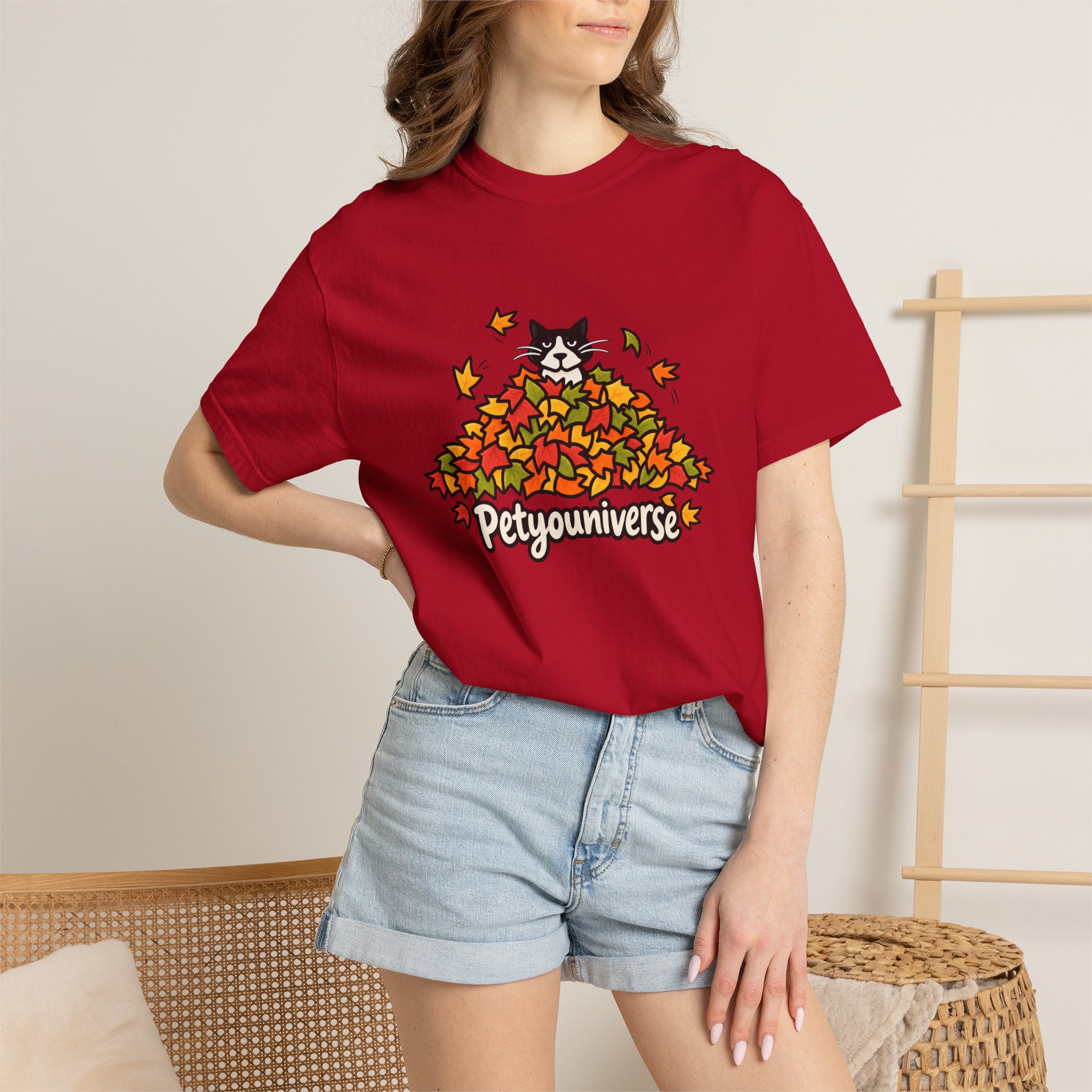 Cat in Leaf Pile T-Shirt — "Petyouniverse" Fall Cat Tee - Image 137