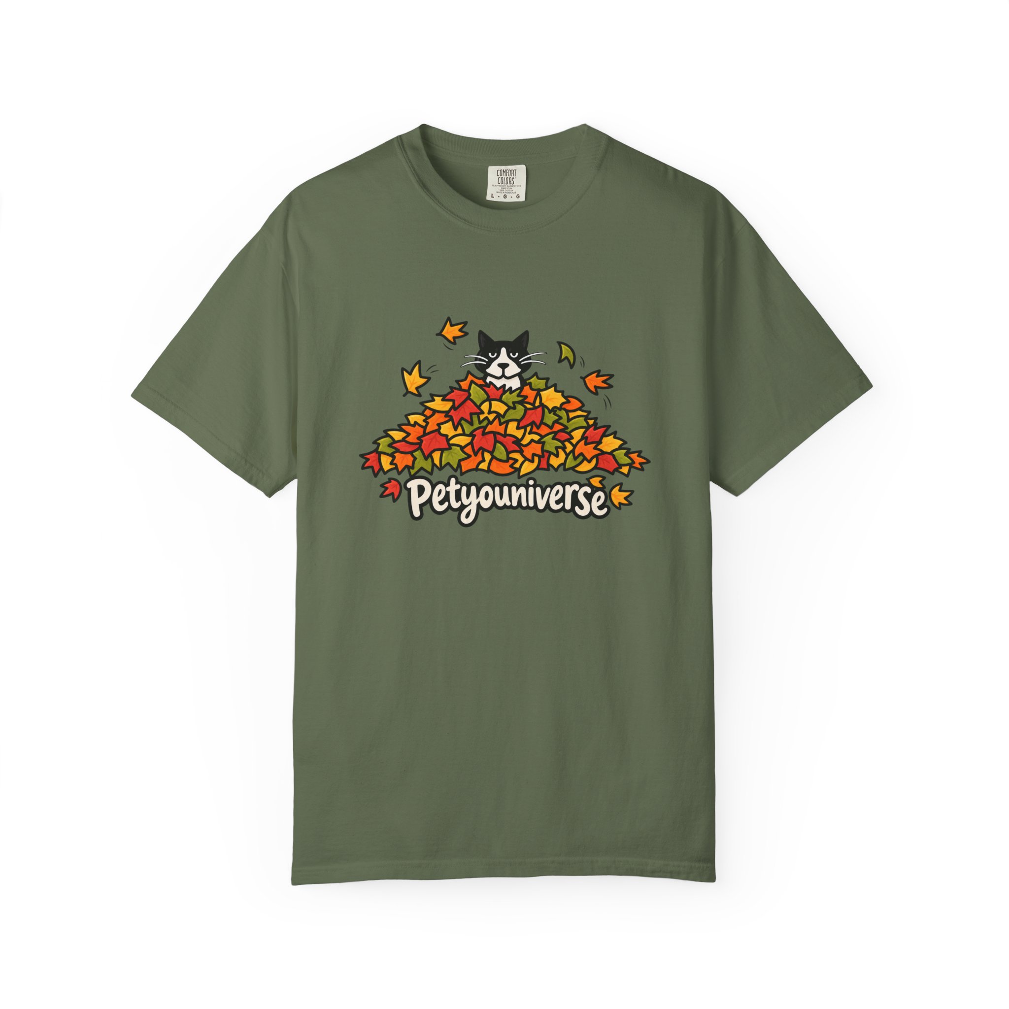 Cat in Leaf Pile T-Shirt — "Petyouniverse" Fall Cat Tee - Image 55
