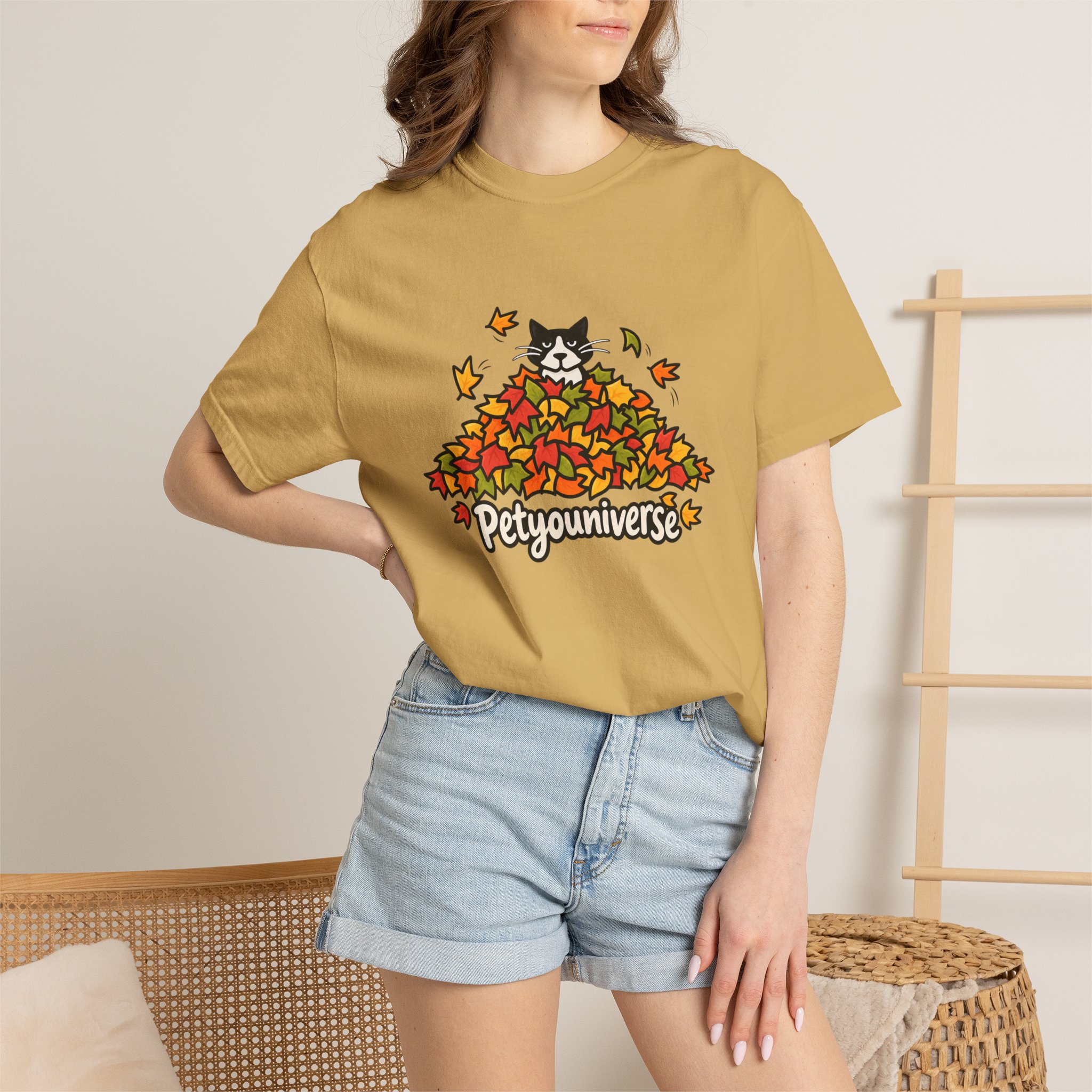 Cat in Leaf Pile T-Shirt — "Petyouniverse" Fall Cat Tee - Image 20