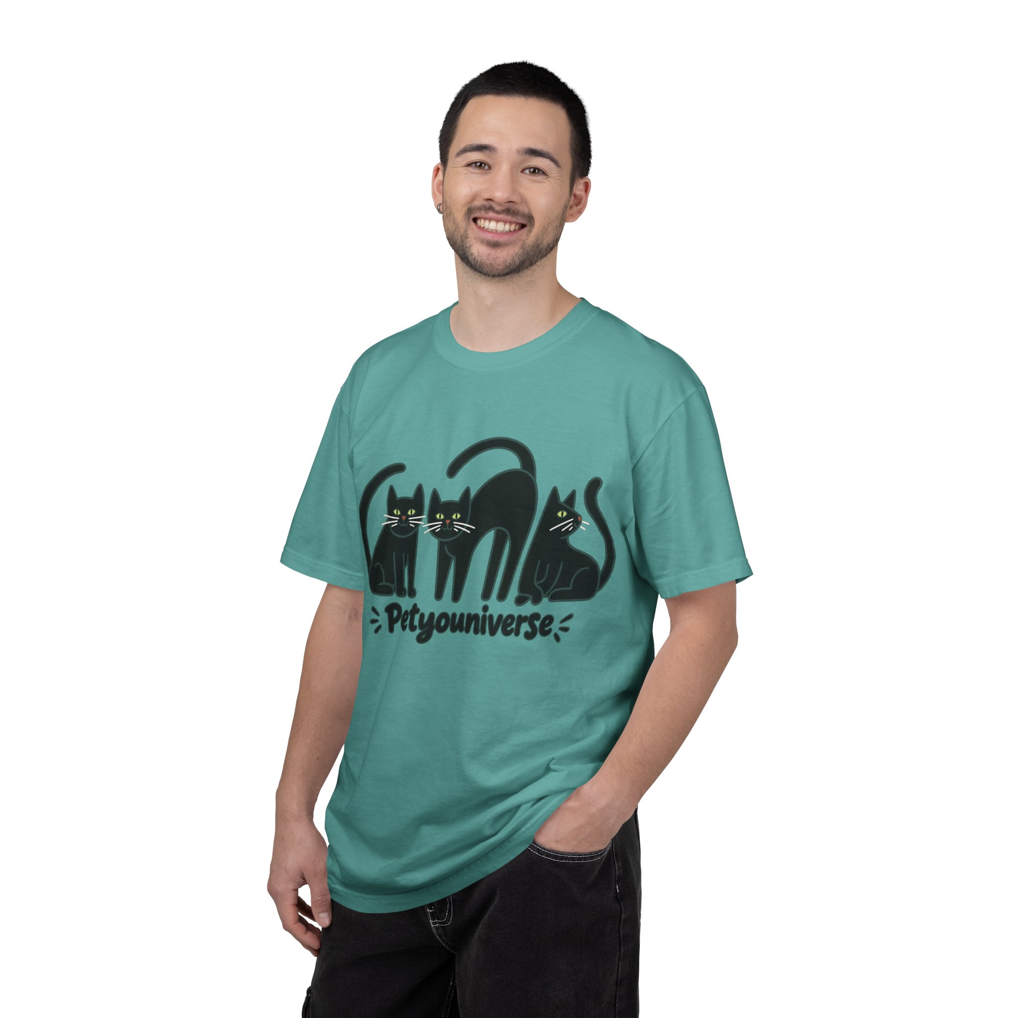 Cat T-Shirt — "Petyouniverse" Black Cat Trio Graphic Tee - Image 94