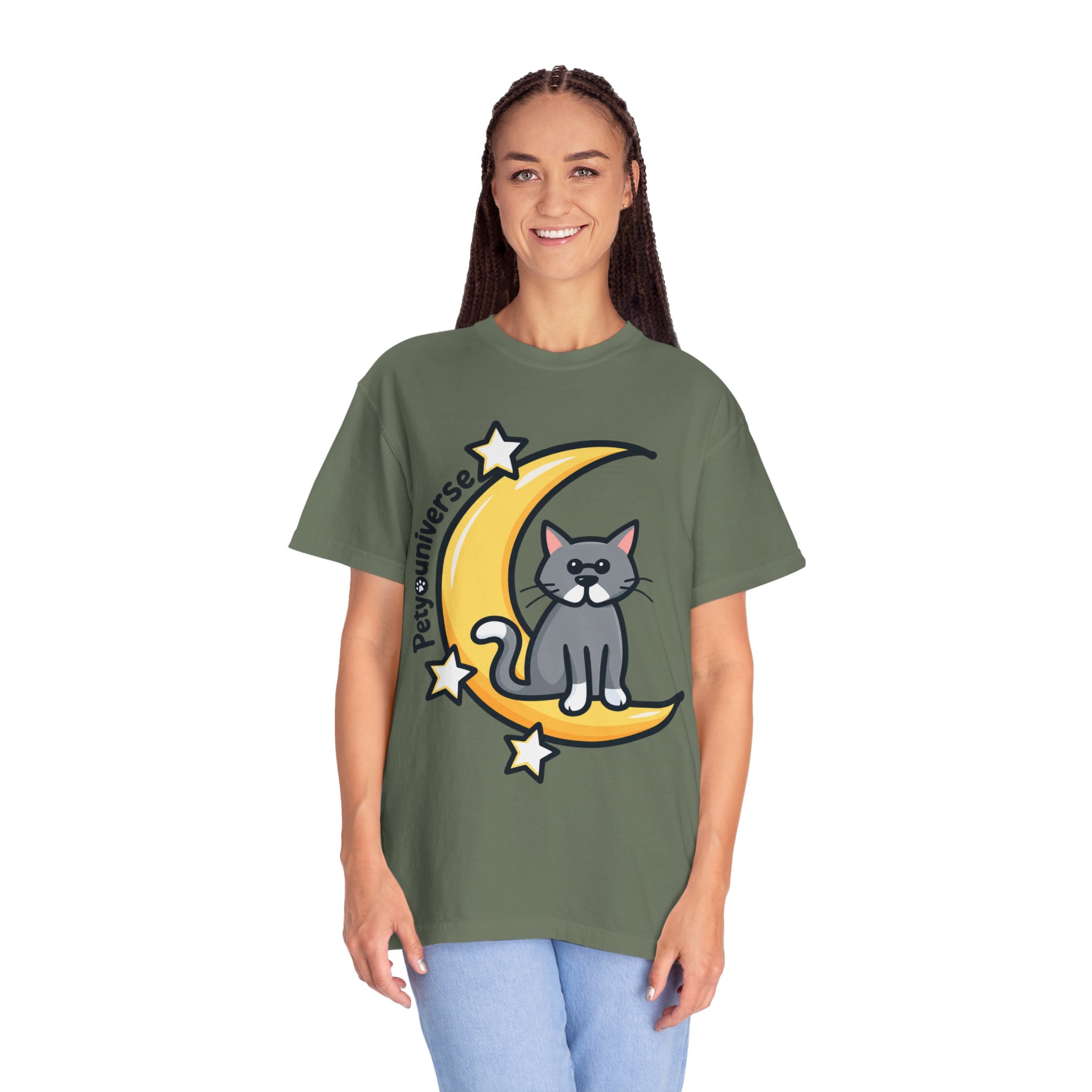 Cat on the Moon T-Shirt — "PetYoUniverse" Cute Cat Graphic Tee - Image 86