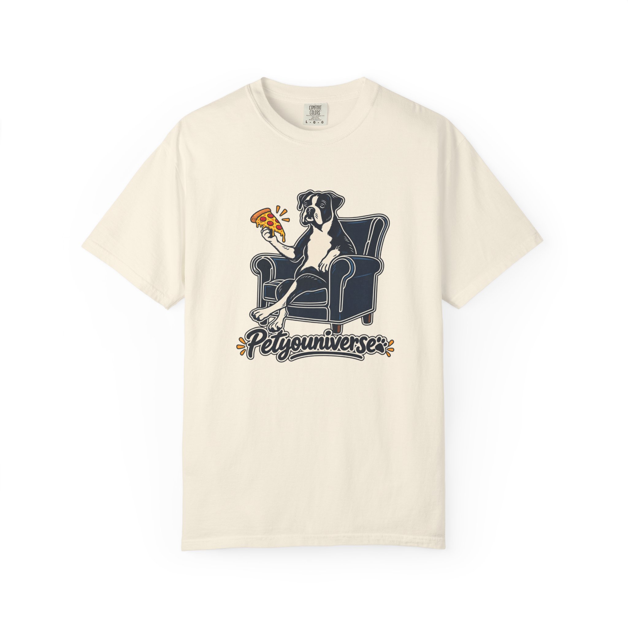 Cozy dog on armchair with pizza graphic on PetYoUniverse t-shirt
