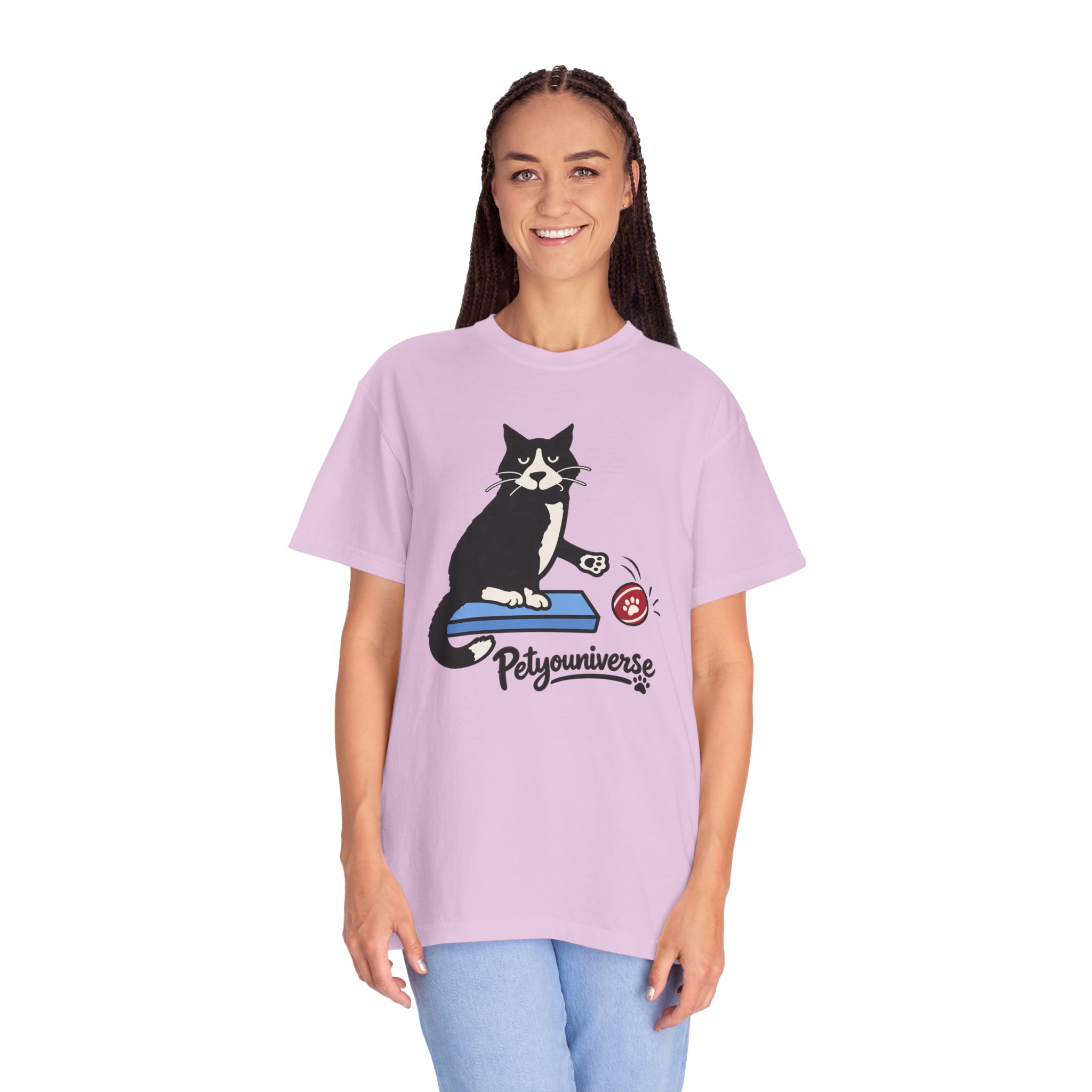 Cat on Scratch Pad Graphic T-Shirt — "Petyouniverse" Cute Paw Play Tee - Image 104