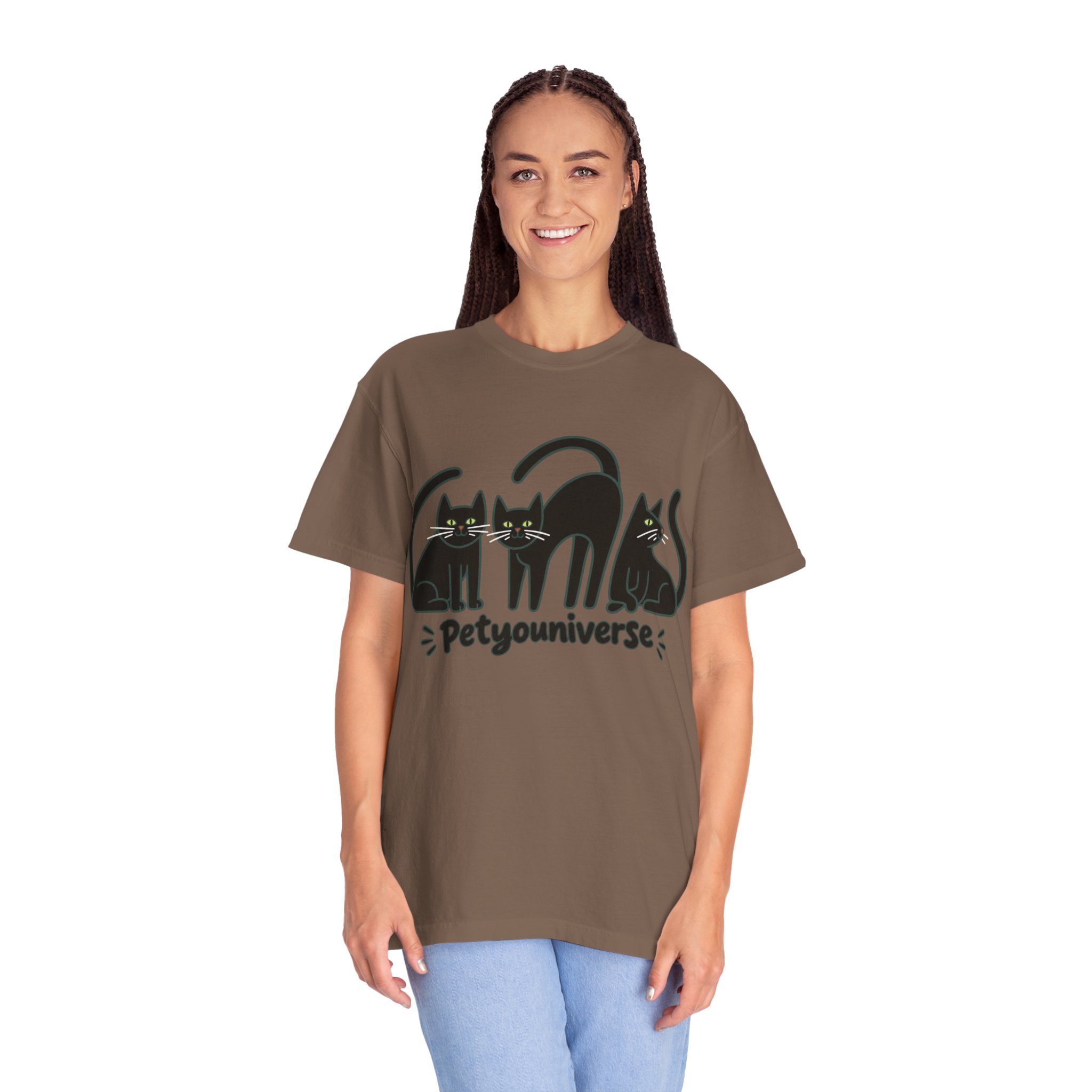 Cat T-Shirt — "Petyouniverse" Black Cat Trio Graphic Tee - Image 50