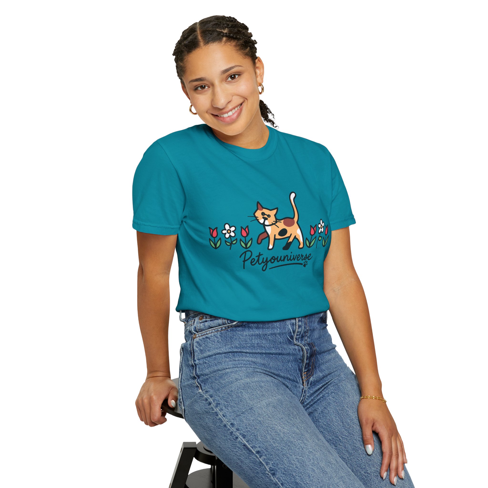 Cat & Flowers T-Shirt — 'Petsyouniverse' Cute Calico Tee - Image 87