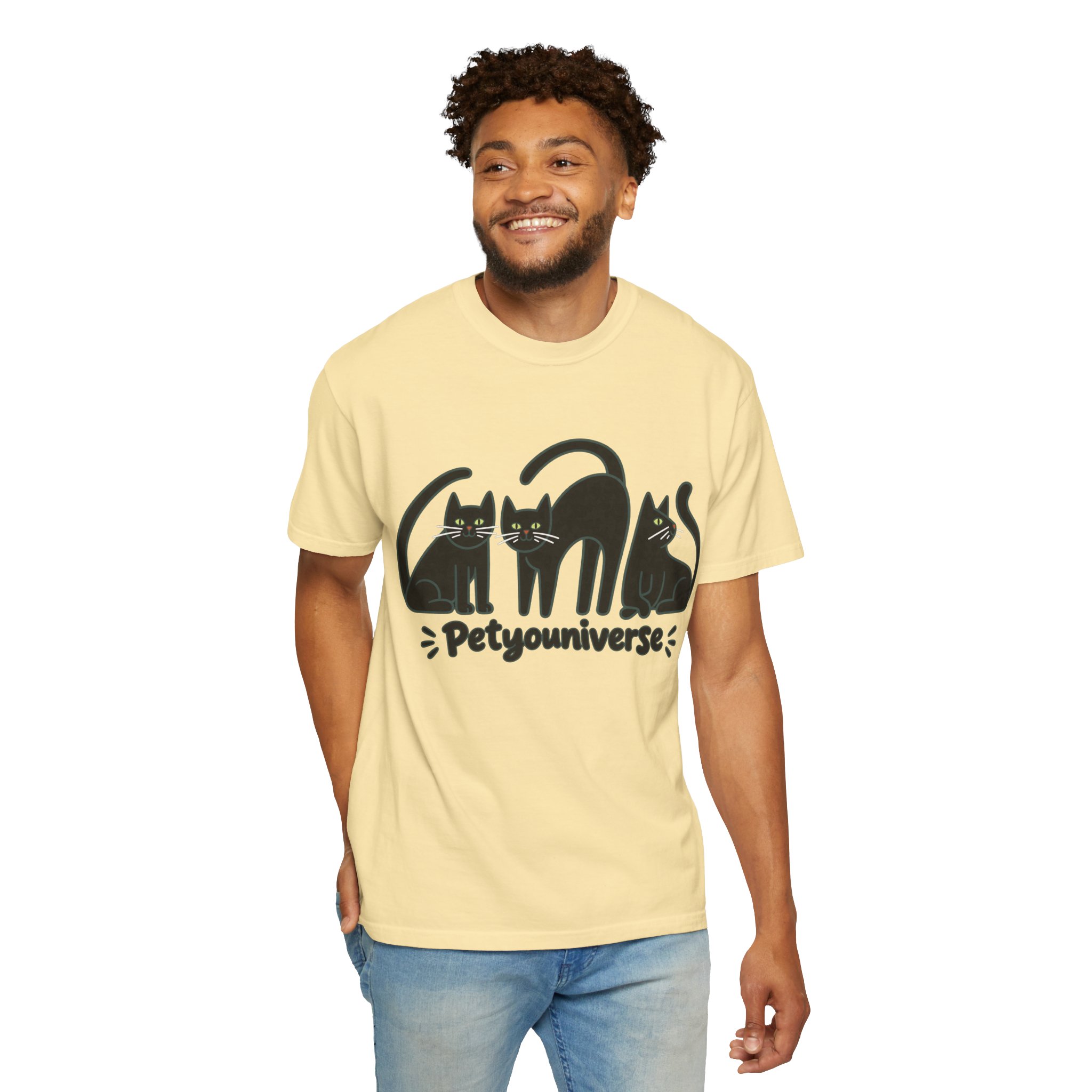 Cat T-Shirt — "Petyouniverse" Black Cat Trio Graphic Tee - Image 25