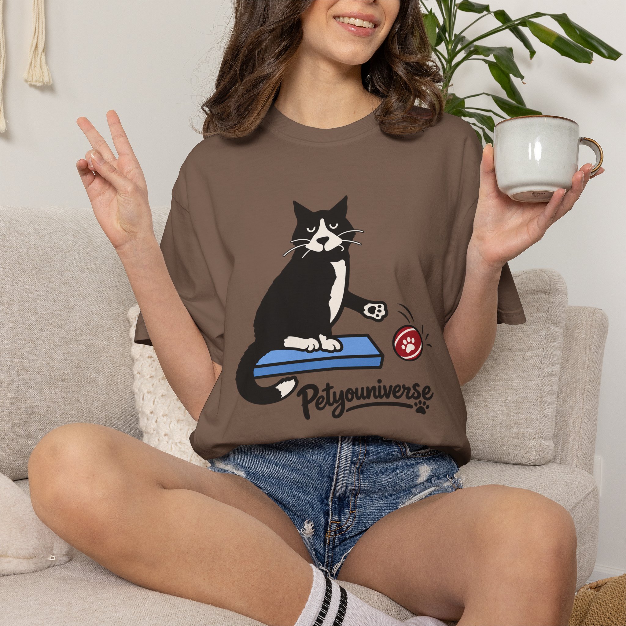 Cat on Scratch Pad Graphic T-Shirt — "Petyouniverse" Cute Paw Play Tee - Image 48