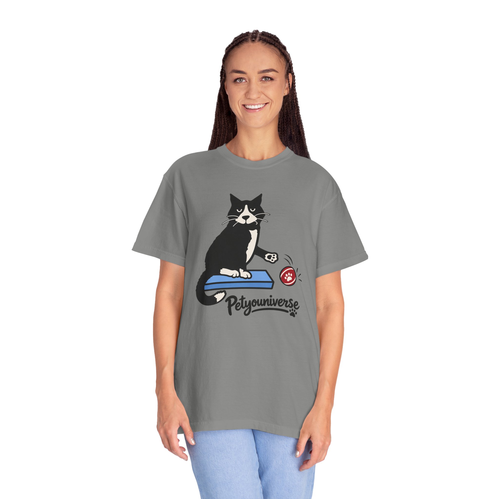 Cat on Scratch Pad Graphic T-Shirt — "Petyouniverse" Cute Paw Play Tee - Image 95