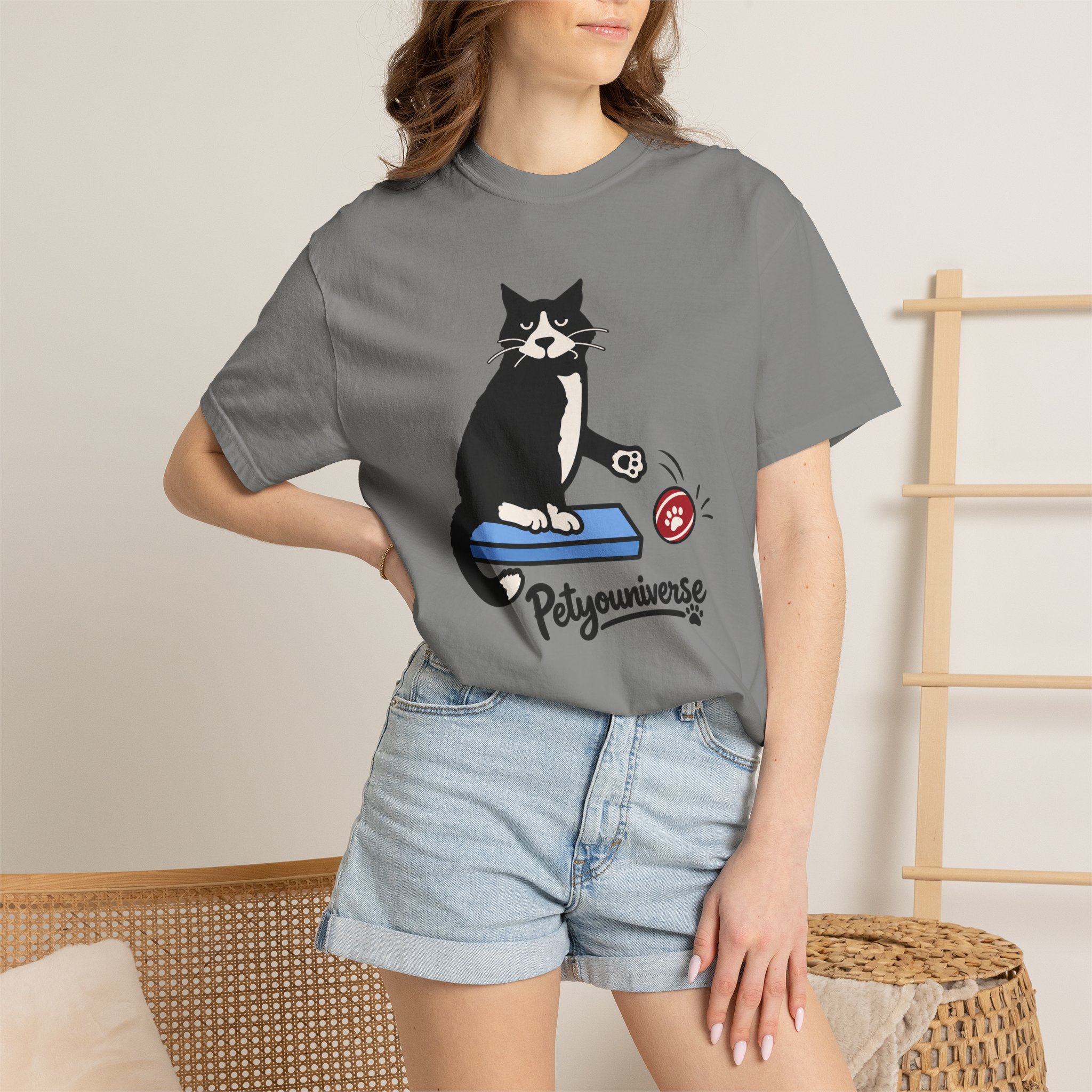 Cat on Scratch Pad Graphic T-Shirt — "Petyouniverse" Cute Paw Play Tee - Image 92