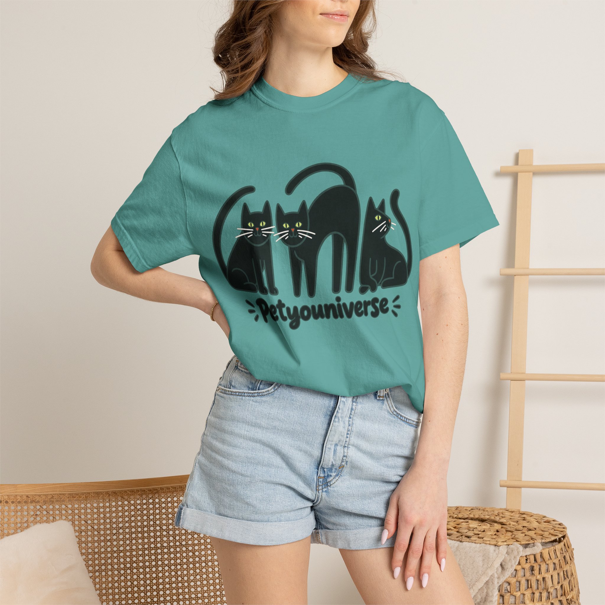 Cat T-Shirt — "Petyouniverse" Black Cat Trio Graphic Tee - Image 92