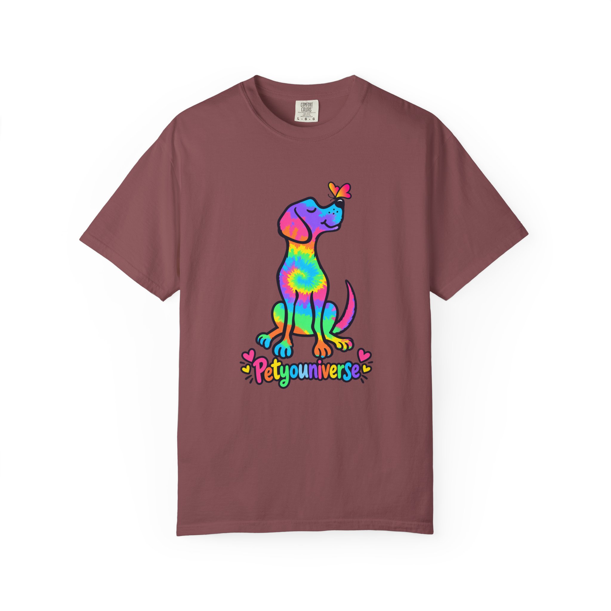 Colorful tie dye puppy and butterfly graphic on PetYoUniverse t-shirt