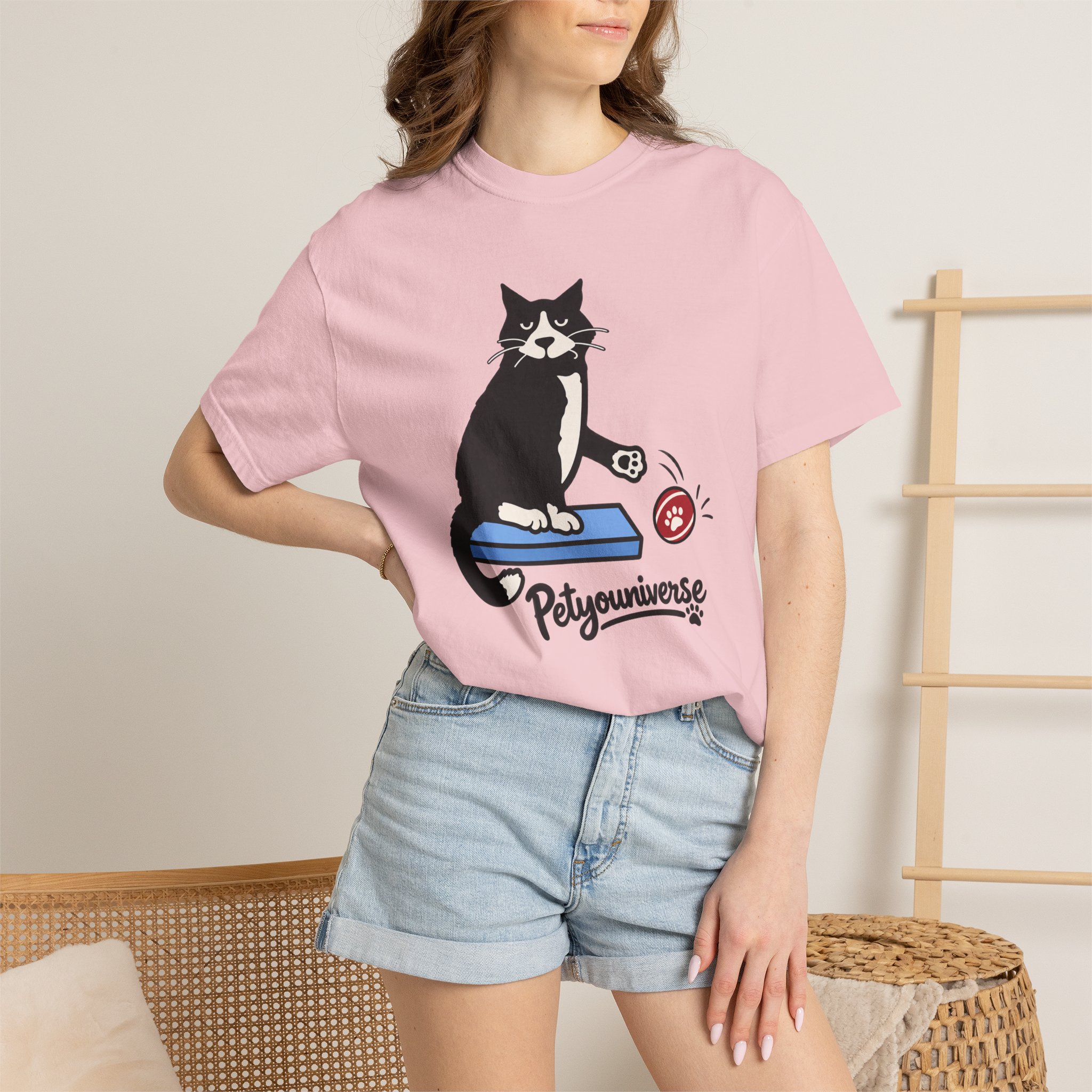 Cat on Scratch Pad Graphic T-Shirt — "Petyouniverse" Cute Paw Play Tee - Image 110