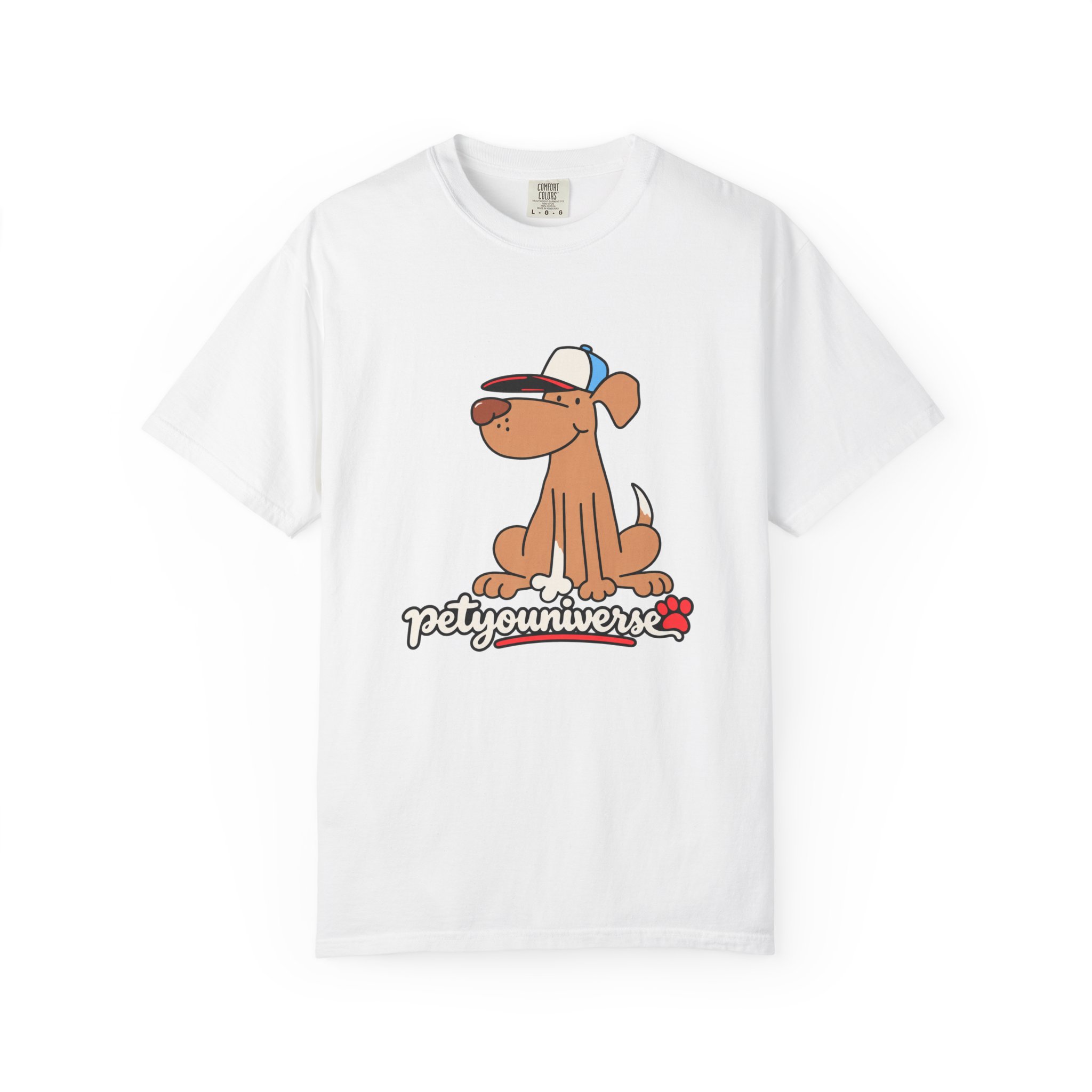 Cute cartoon puppy graphic on PetYoUniverse t-shirt