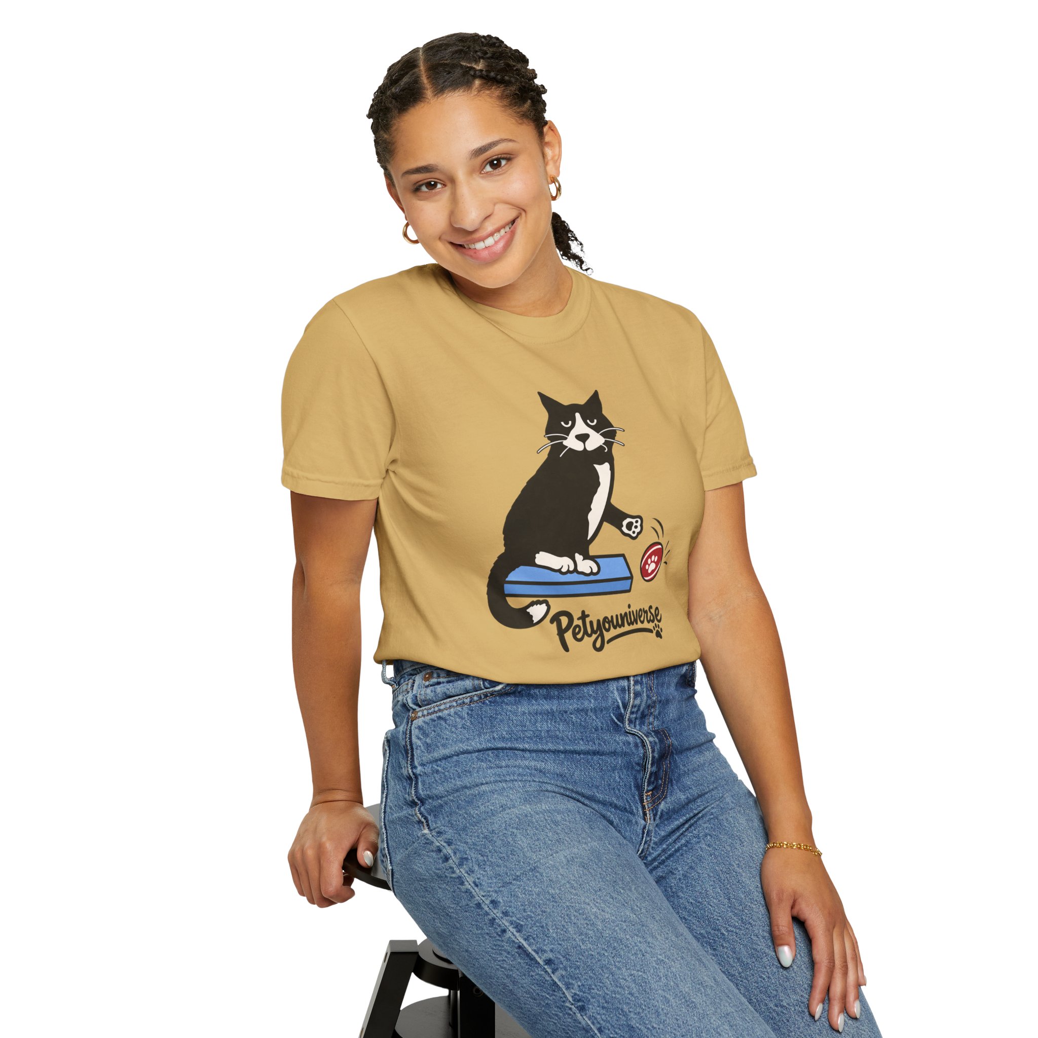 Cat on Scratch Pad Graphic T-Shirt — "Petyouniverse" Cute Paw Play Tee - Image 33