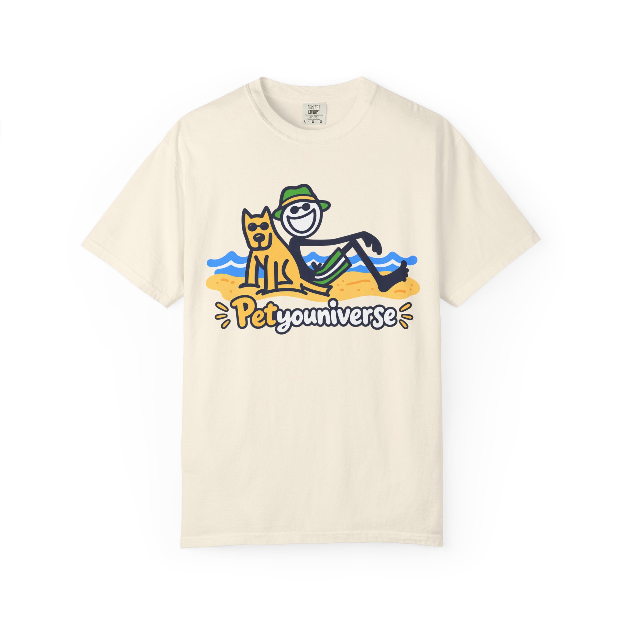 Cute dog and owner beside beach waves graphic on PetYoUniverse t-shirt