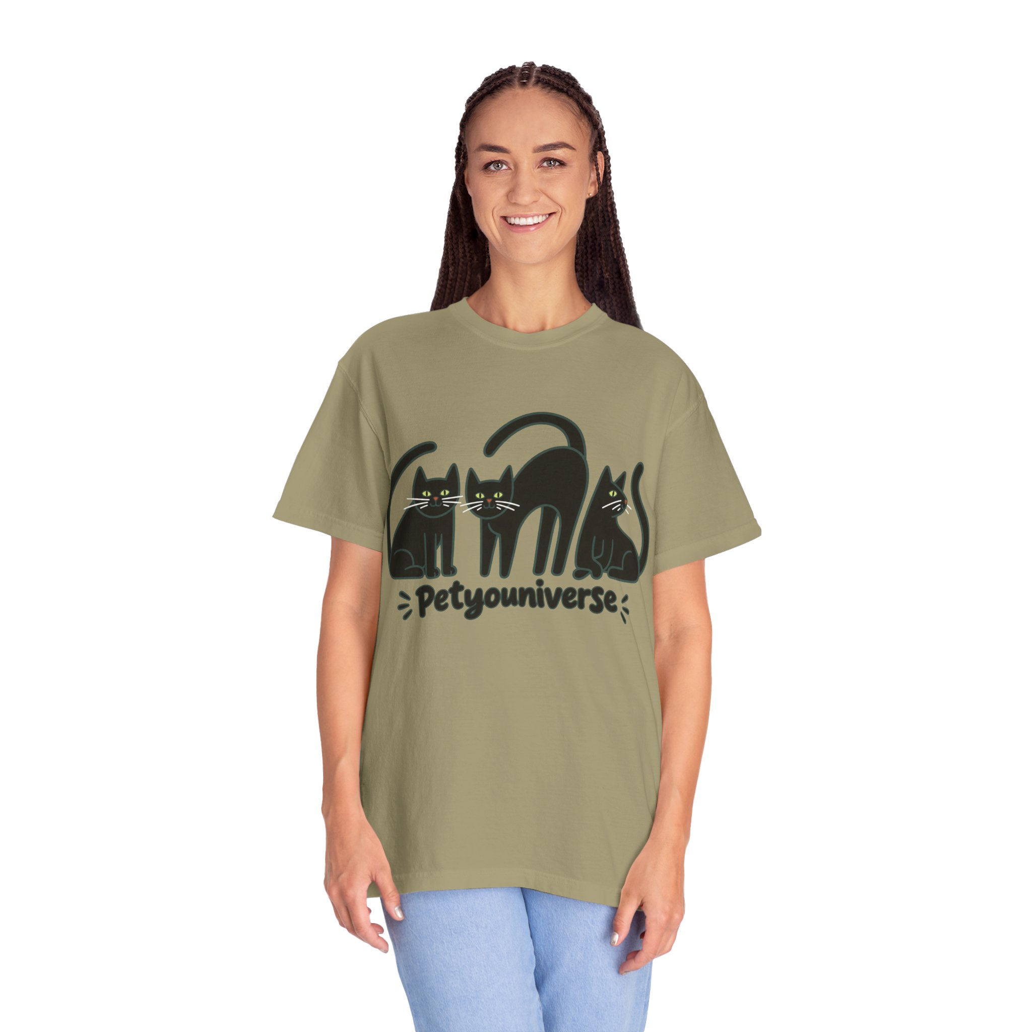 Cat T-Shirt — "Petyouniverse" Black Cat Trio Graphic Tee - Image 41