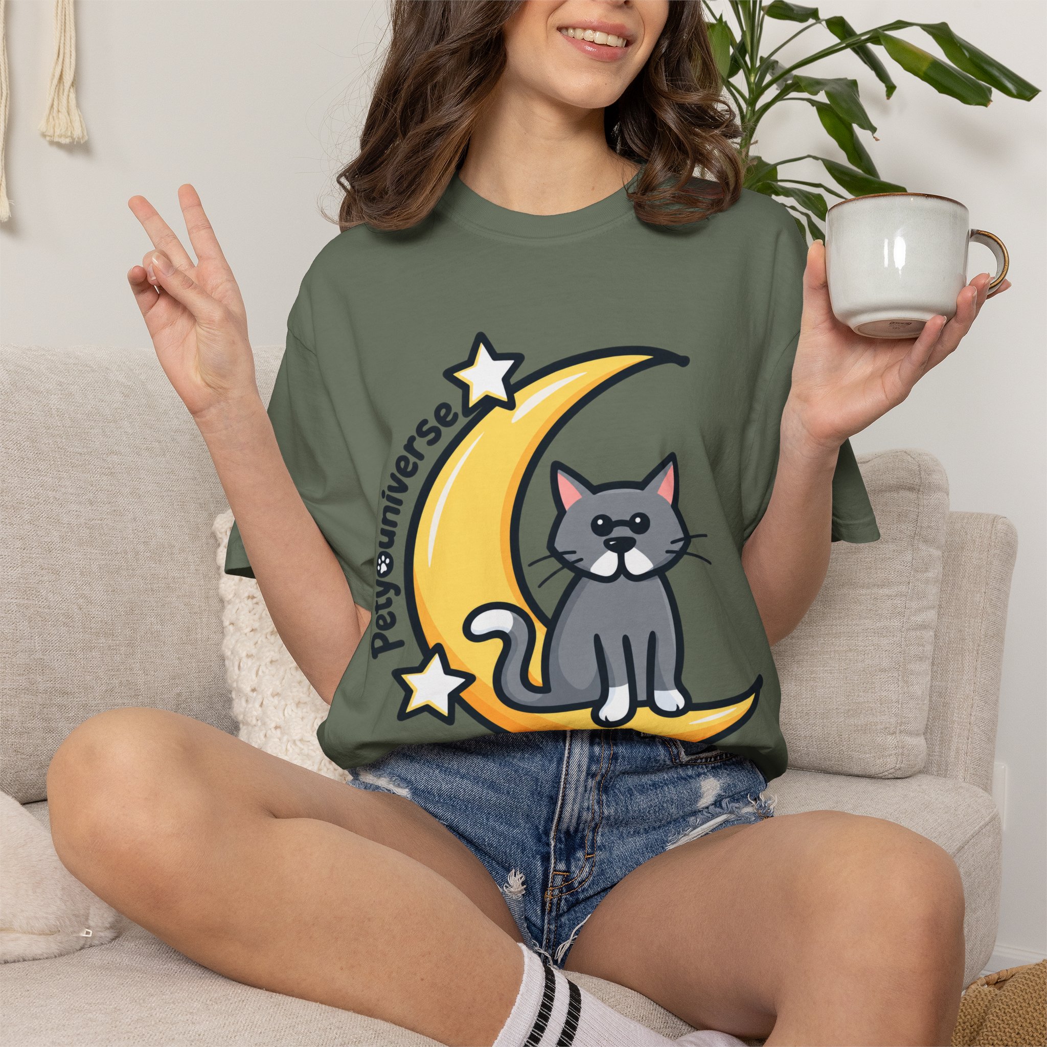 Cat on the Moon T-Shirt — "PetYoUniverse" Cute Cat Graphic Tee - Image 84