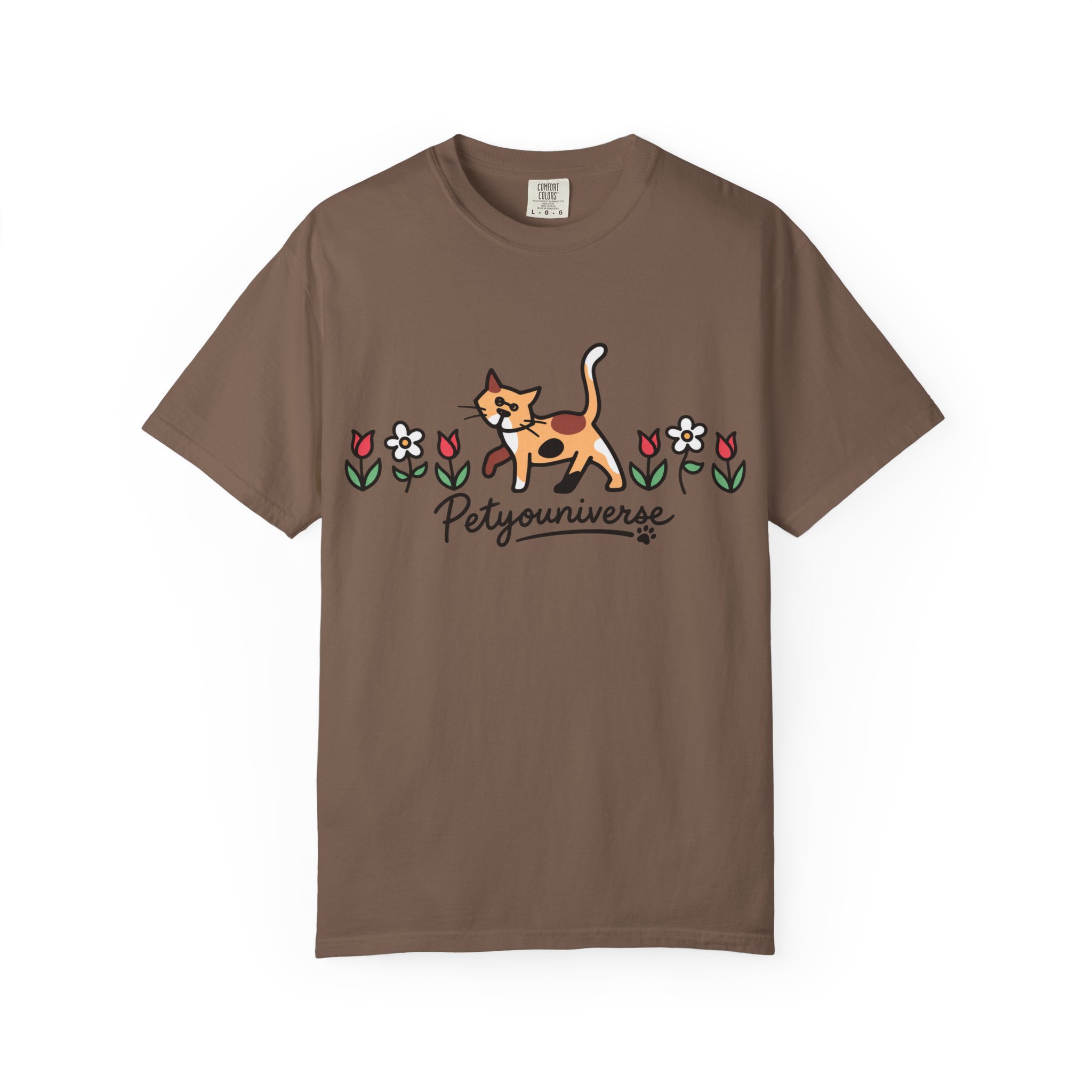 Cat & Flowers T-Shirt — 'Petsyouniverse' Cute Calico Tee - Image 37