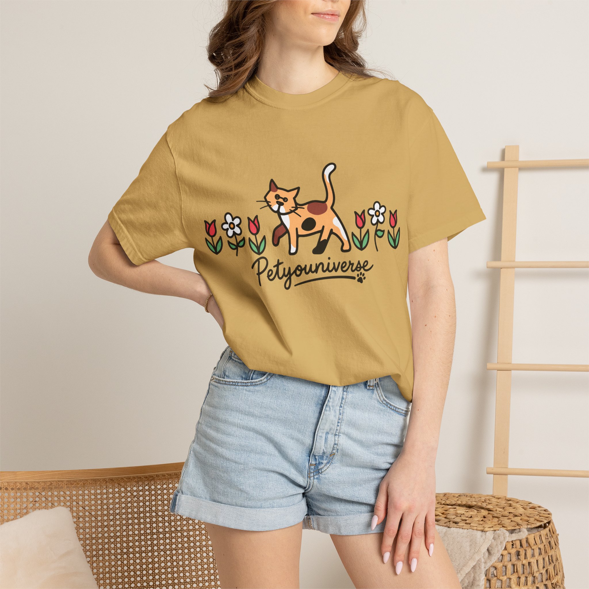 Cat & Flowers T-Shirt — 'Petsyouniverse' Cute Calico Tee - Image 11